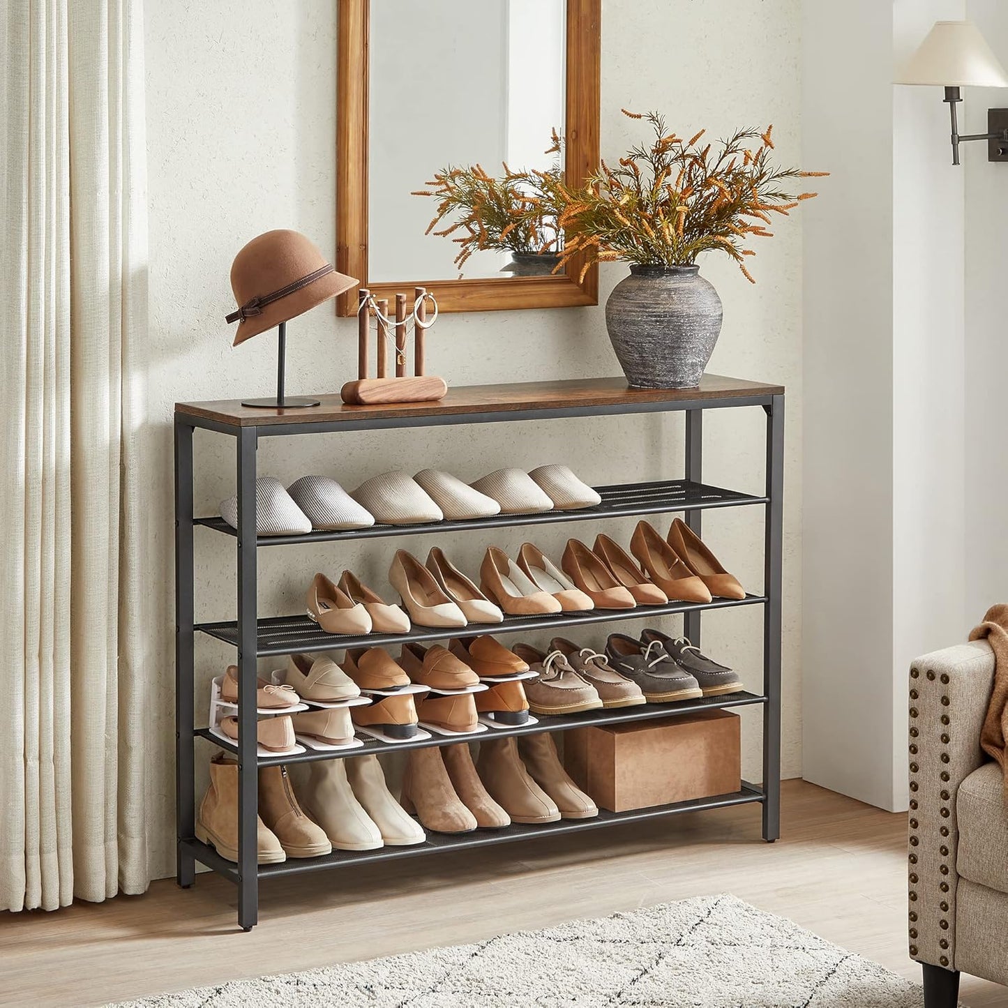VASAGLE 5 Tier Shoe Rack for Closet, Entryway, 20-25 Pairs of Shoes, Large Shoe Organizer with 4 Metal Mesh Shelves, 11.8 x 47.2 x 36.4 Inches, Rustic Brown and Black ULBS205B01