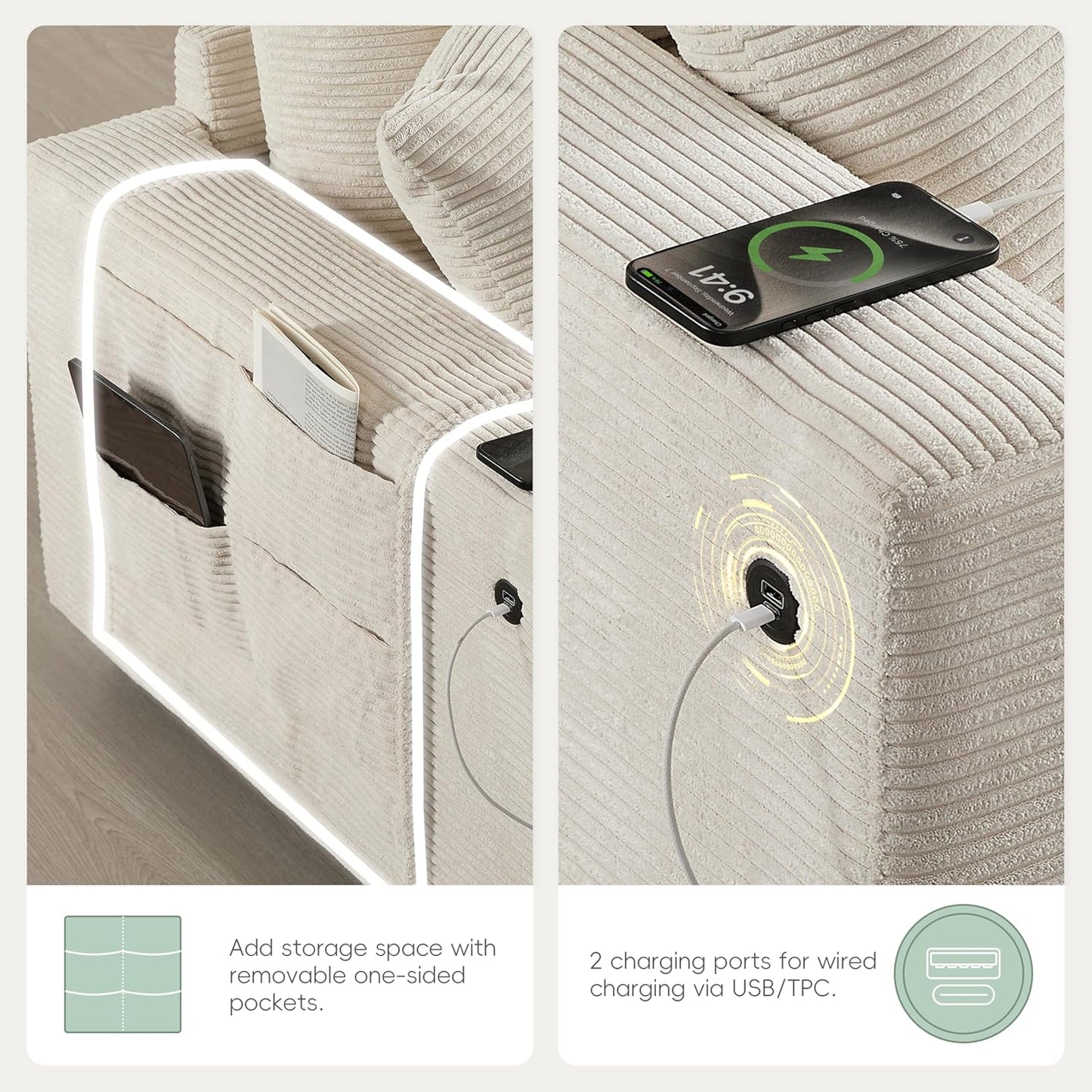 Merax 140'' Oversized Modular Sectional Sofa with Storage Ottoman and Console, Removable Storage Pockets, Cup Holder, Wide Seat, USB Charger, 6 Seat U Shaped Chenille Couch Set for Living Room, Beige