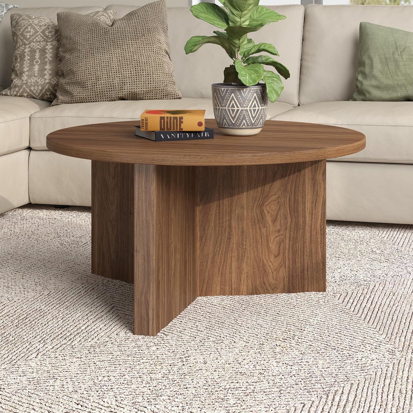 Henn&Hart 32" Round Wood Pedestal Coffee Table for Living Room, Family Room, Office, or Apartment, Satin Walnut