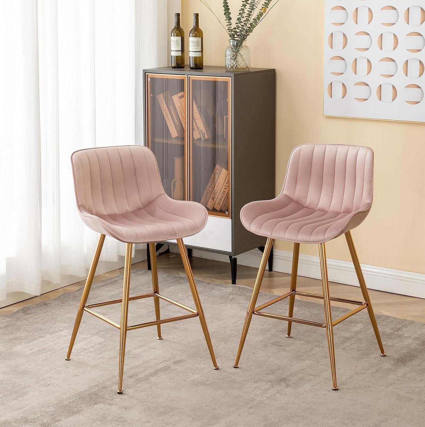 Sidanli Pink Bar Stools Set of 2, Velvet Counter Stools with Footrests, 24” Armless Counter Height Chairs for Bar, Kitchen, Living Room