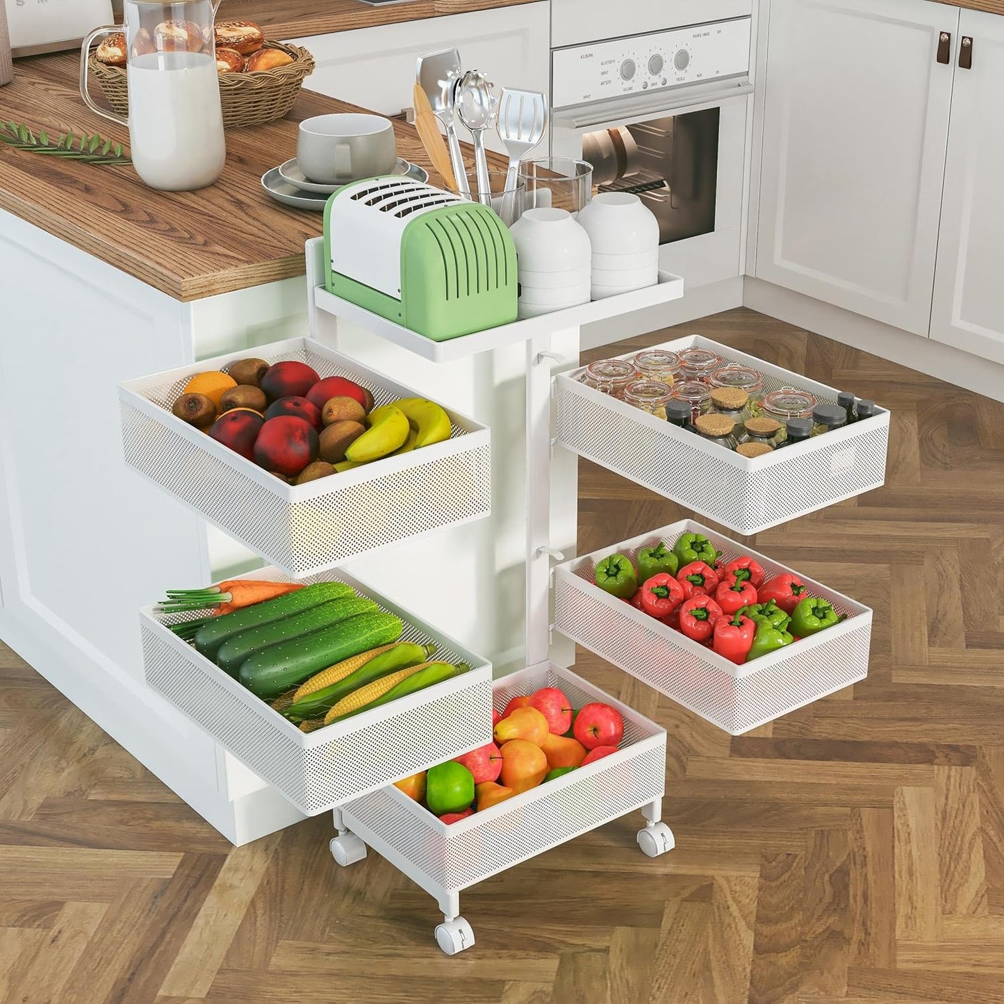 Fruit Basket for Kitchen No Assembly, Rolling Rotating Storage Cart,Bathroom Shelf,Mobile Metal Utility Storage Cart,Potato and Onion Storage Drawer Cart(Bright White, 5 Tier-Square)