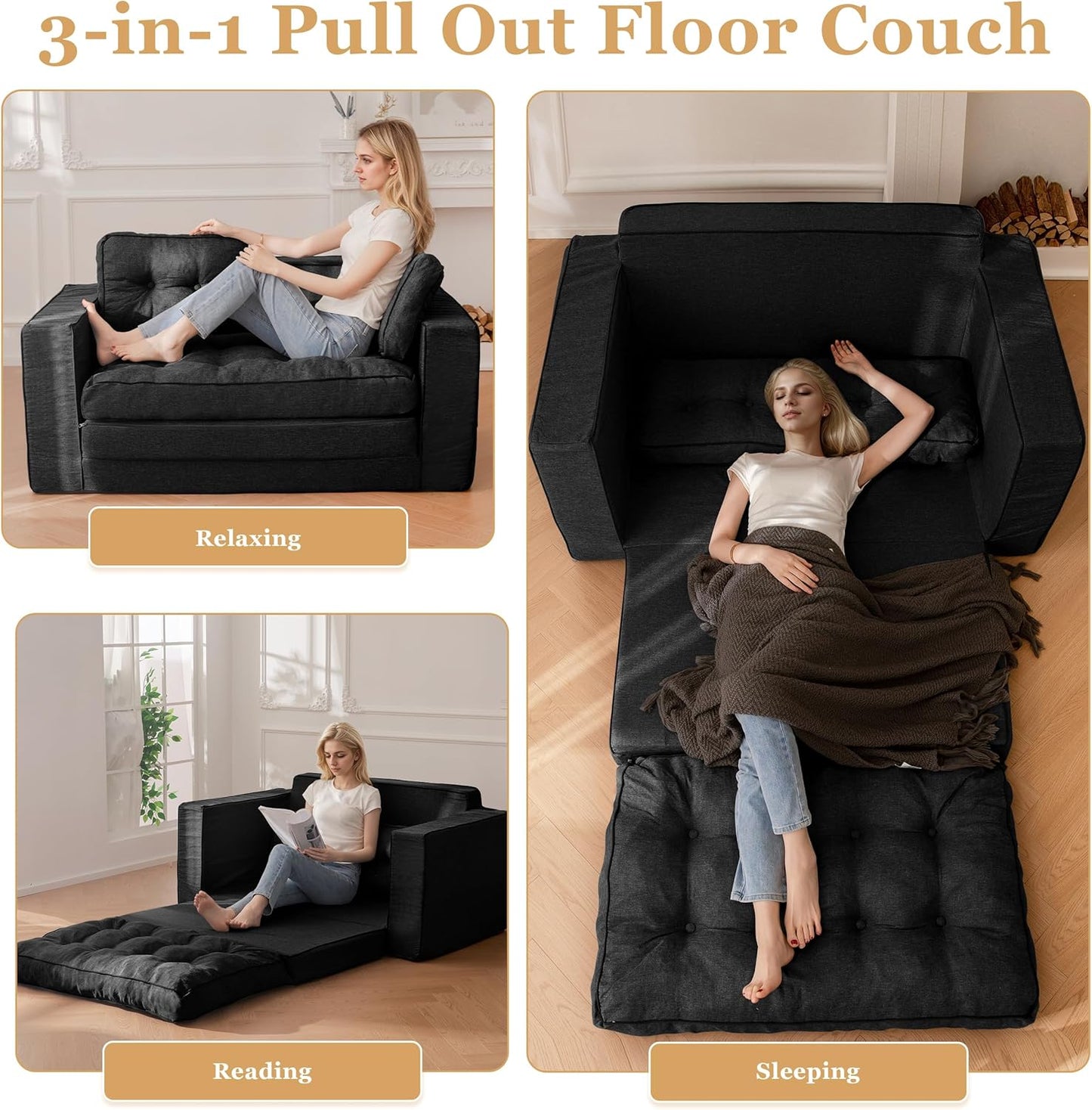 YOSHOOT Loveseat Sleeper Sofa,55" Convertible Sofa Bed Couch Futon Couches for Living Room,3-in-1 Pull Out Floor Couch with Backrest and Pillows, Black