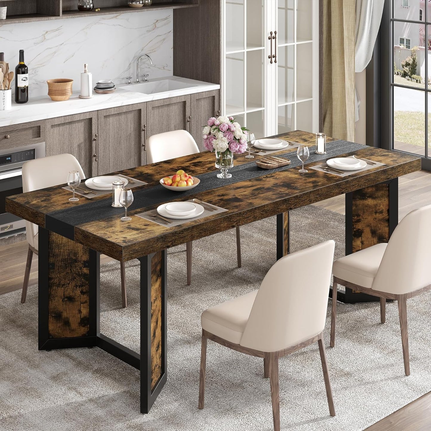 Industrial Dining Table for 6-8 People, 71" Large Long Wooden Kitchen Table with Sturdy Metal Frame & Brown Finish, Rustic Style Rectangular Dinner Table for Dining Room, Kitchen (Vintage Brown)