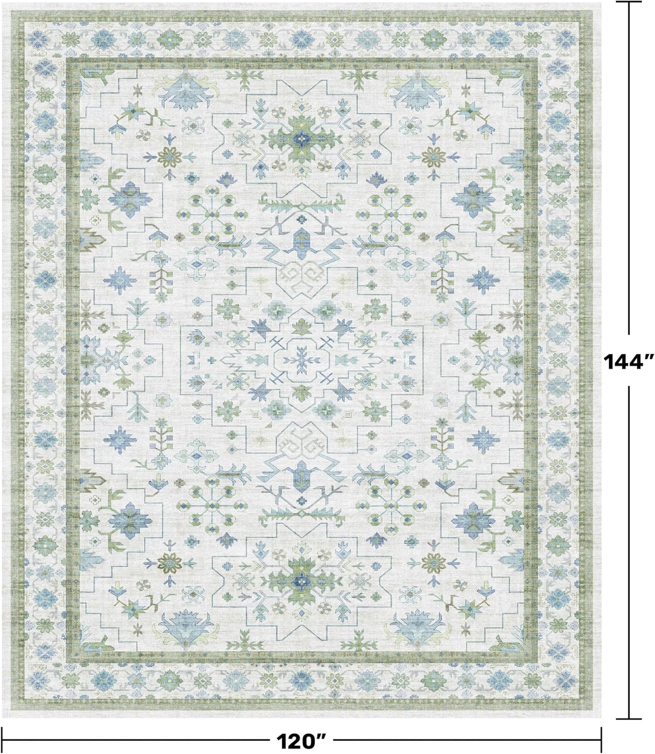 Washable Rugs for Living Room 10x12 - Cream Blue and Green Oriental Floral Geometric, Low Pile Non Slip Extra Large Area Rug for Dining Under Table, Bedroom, Lounge