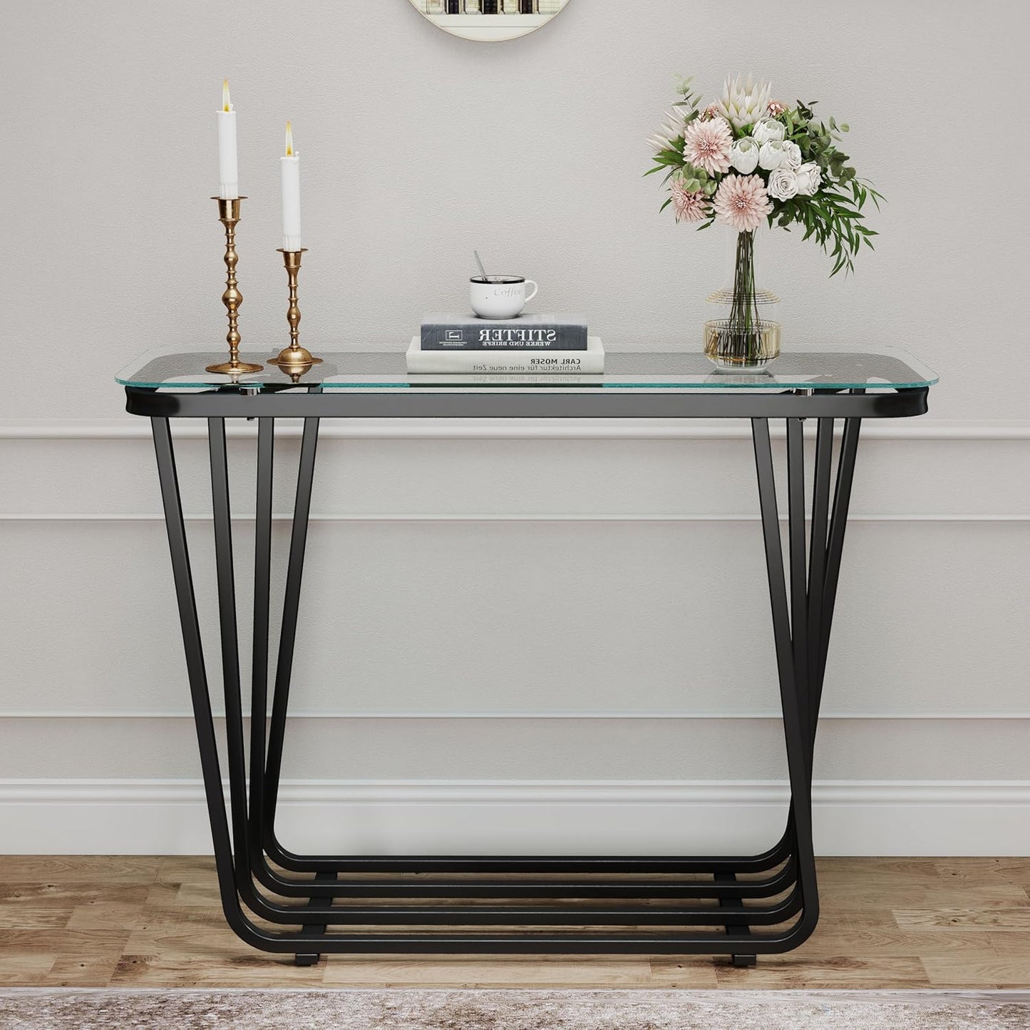 OIOG Glass Console Table for Entryway, Modern Entrance Table with Tempered Glass, Black Sofa Table for Living Room Hallway