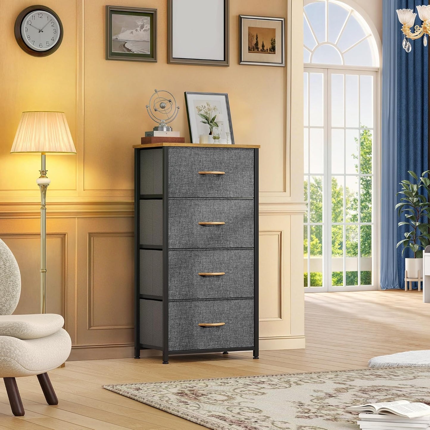 DWVO 4 Drawers Dresser, Small Dresser for Bedroom, Fabric Storage Tower, Chest of Drawers, Organizer Unit for Closets, Living Room, Sturdy Steel Frame, Wooden Top, Easy Pull Handle