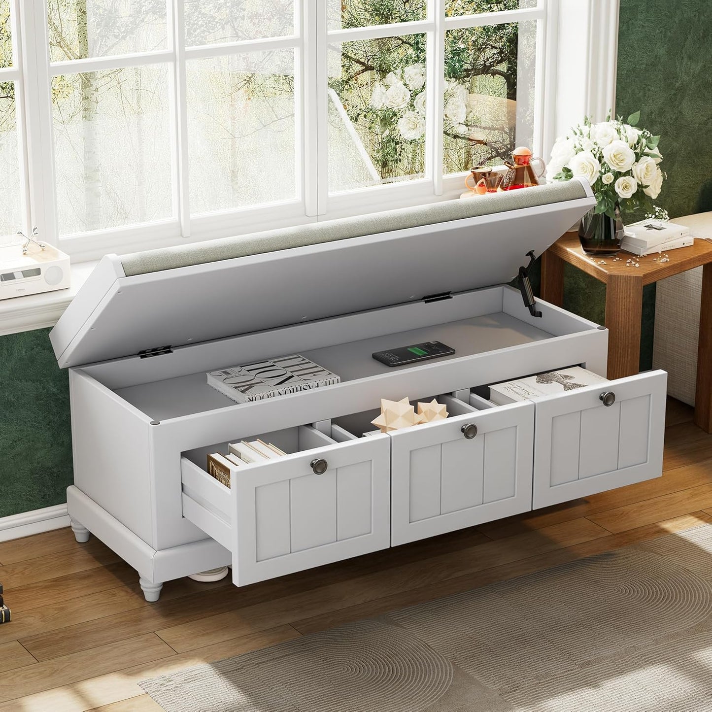 Merax Classic Storage Bench with Cushioned Seat and Three Drawers for Entryway & Living Room & Bedroom, Light Gray