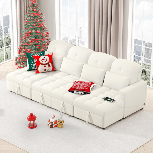 Ball & Cast 110.2" Oversized Versatile Sectional Sleep Sofa with Two USB Ports,U-Shape 4 Seat Pull-Out Couch w/Double Storage Chaise Lounges,for Living Room,Apartment,Office,Beige