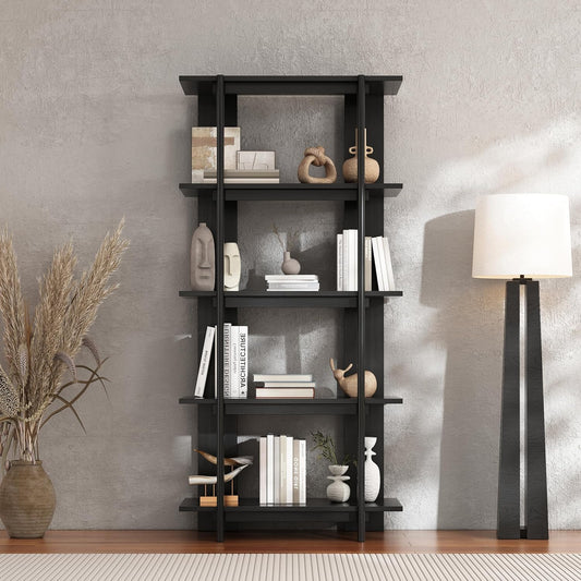 Christopher Knight Home Milio Modern 4 Shelf Bookcase, Acacia Solid Wood Book Organizer with Non-Slip Foot Pads, Sturdy Open Storage Shelf, Big Book Shelf, Floor Standing Unit, 70.20'' Height, Black
