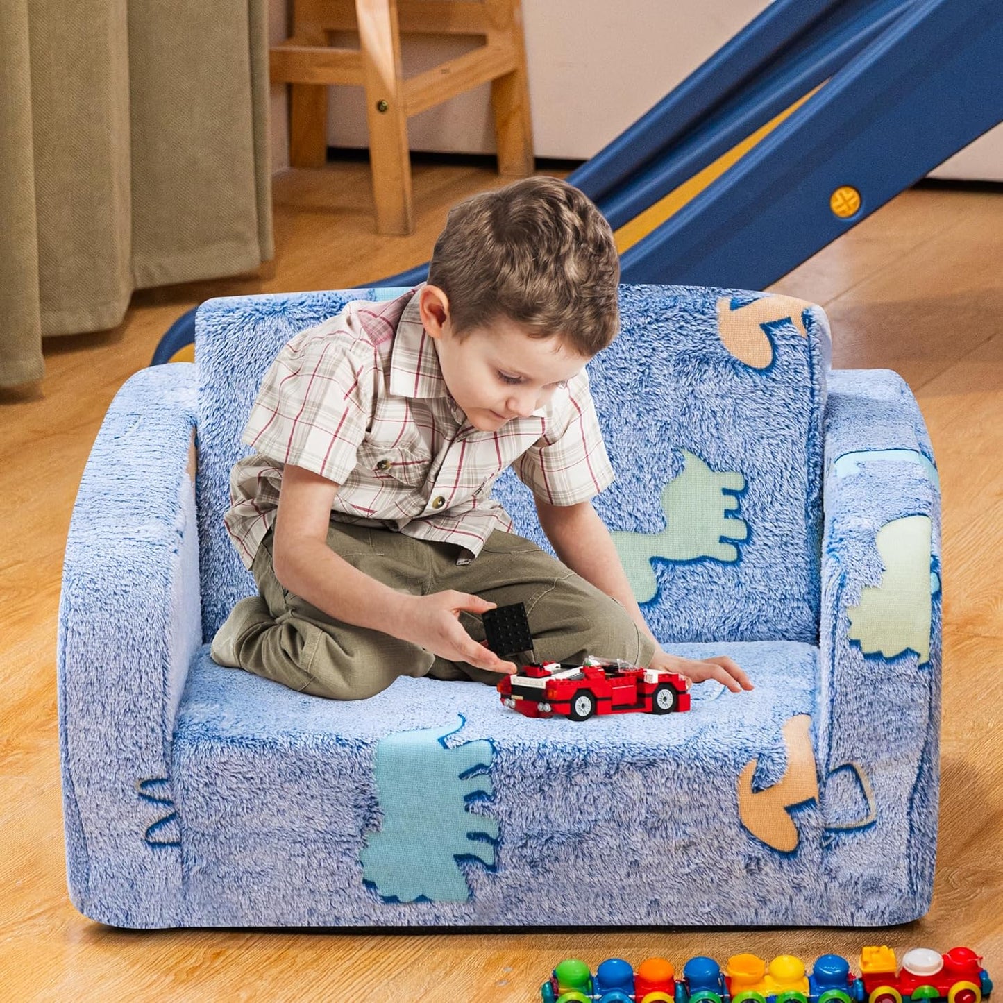 Lamerge 2-in-1 Soft Toddler Couch Fold Out,Foldable Toddler Chair, Glow in The Dark Kids Sofa for playroom,Convertible Foam and Floor Cushion for Boys and Girls (Blue and Dinosaur)