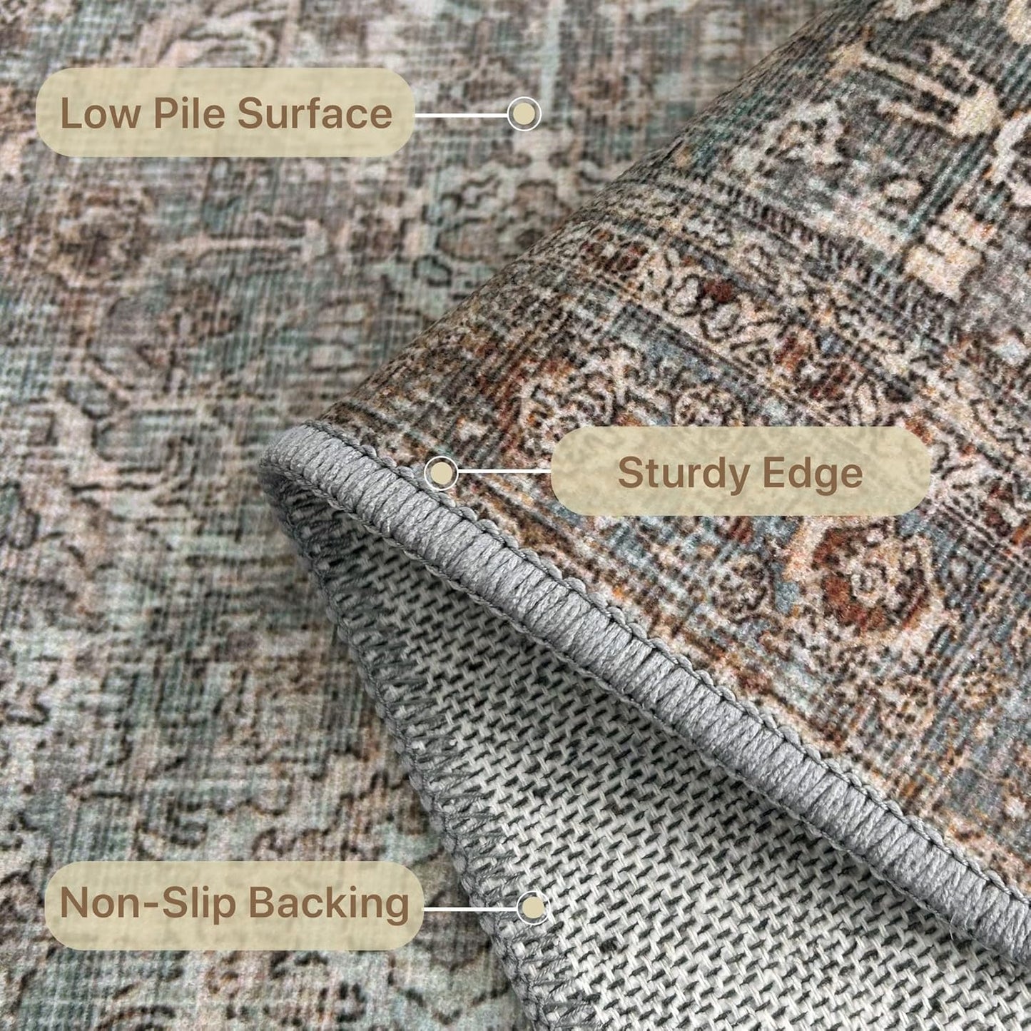 9X12 Area Rugs Machine Washable Rugs for Living Room, Vintage Boho Large Rugs for Bedroom Dining Room, Non Slip Indoor Soft Distressed Lightweight Thin Low Pile Carpet, Dusty Blue