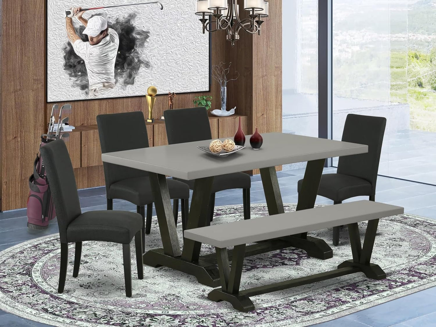 East West Furniture V696DR124-6 6 Piece Kitchen Table Set Contains a Rectangle Dining Table with V-Legs and 4 Black Color Linen Fabric Parson Chairs with a Bench, 36x60 Inch, Multi-Color