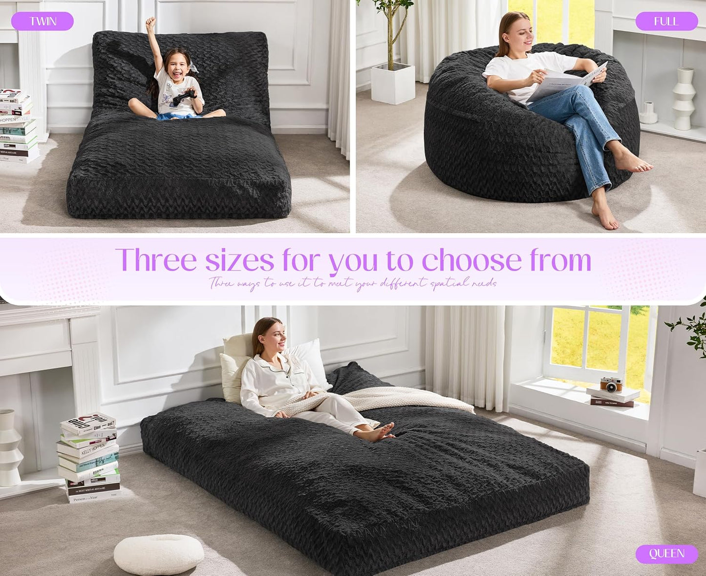 Hobestluk Bean Bag Chair Convertible Beanbag Chairs for Adults, 3 in 1 Bean Bags with Plush Chevron Cover, Adult Bean Bag Chair for Living Room, Bedroom (Black, Queen)