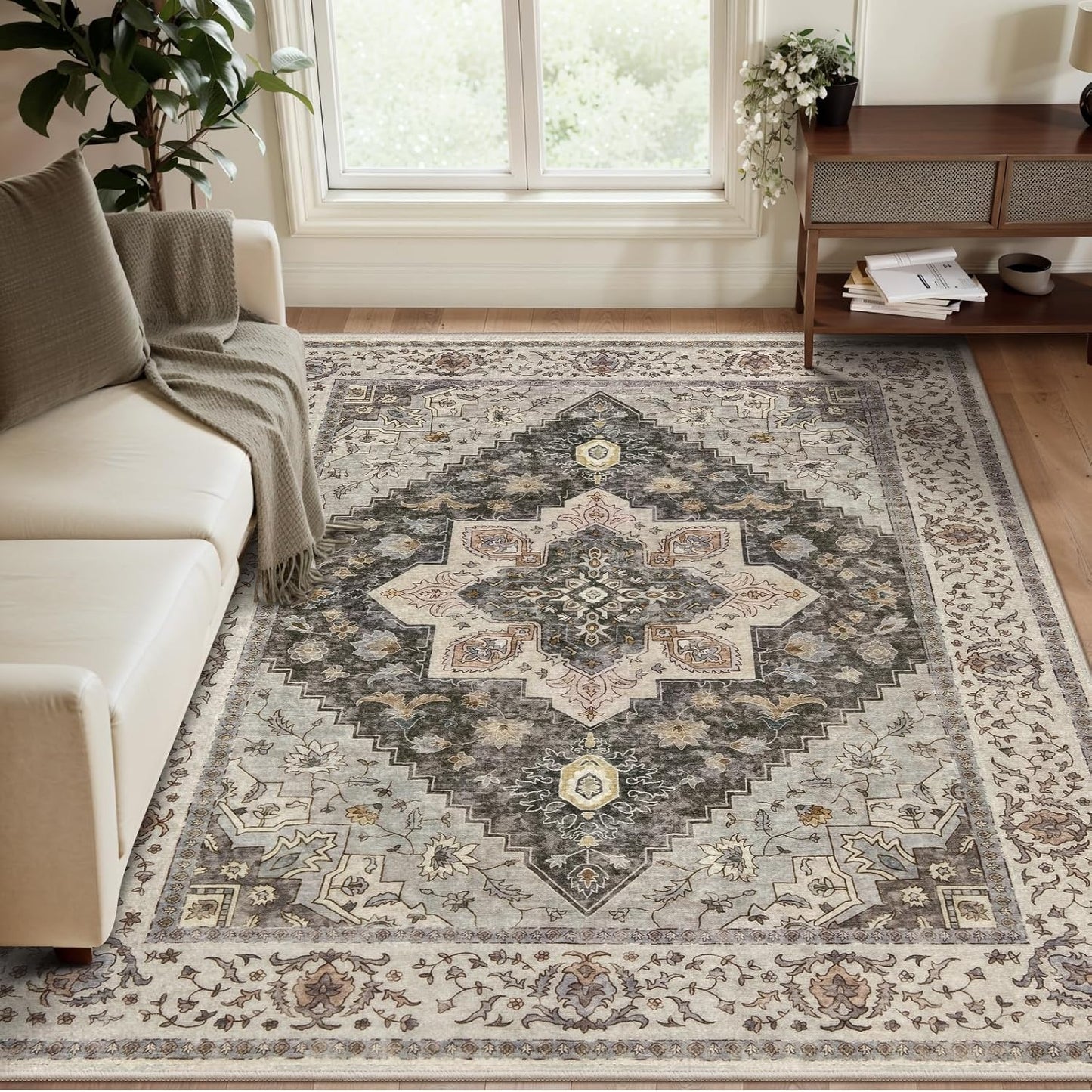 Tangsoo 3x5 Area Rug Vintage Washable Rugs Non Slip, Farmhouse Rugs Indoor Accent Rug Print Distressed Brown Grey Carpet, Soft Low Pile Rug for Living Room Bedside Entryway Bedroom