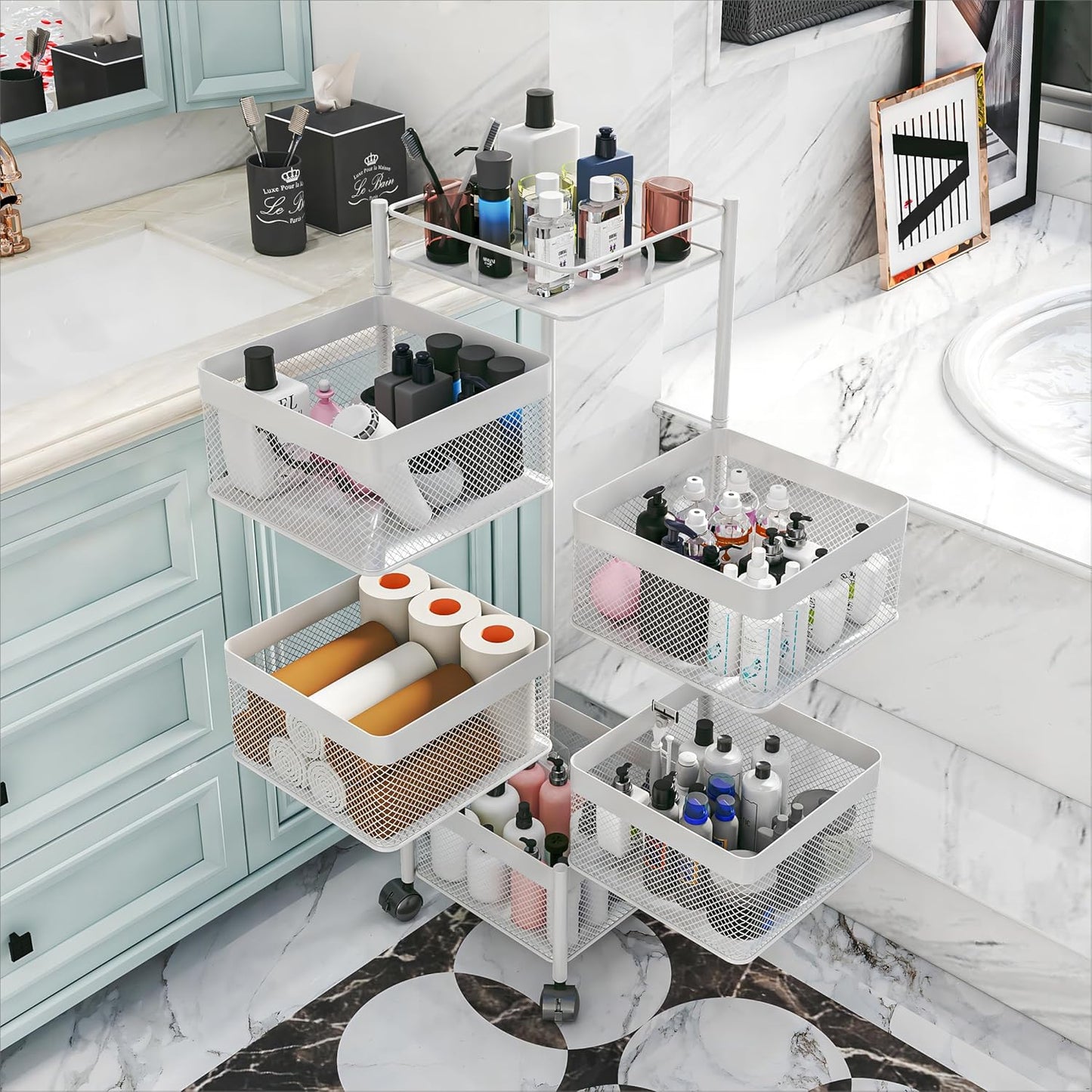 Fruit Basket for Kitchen No Assembly,Rotating Kitchen Storage Rack,Bathroom Shelf, Organizers and Storage Cart on Rolling Wheels，Potato and Onion Storage Organizer(White, 5 Tier-Square)