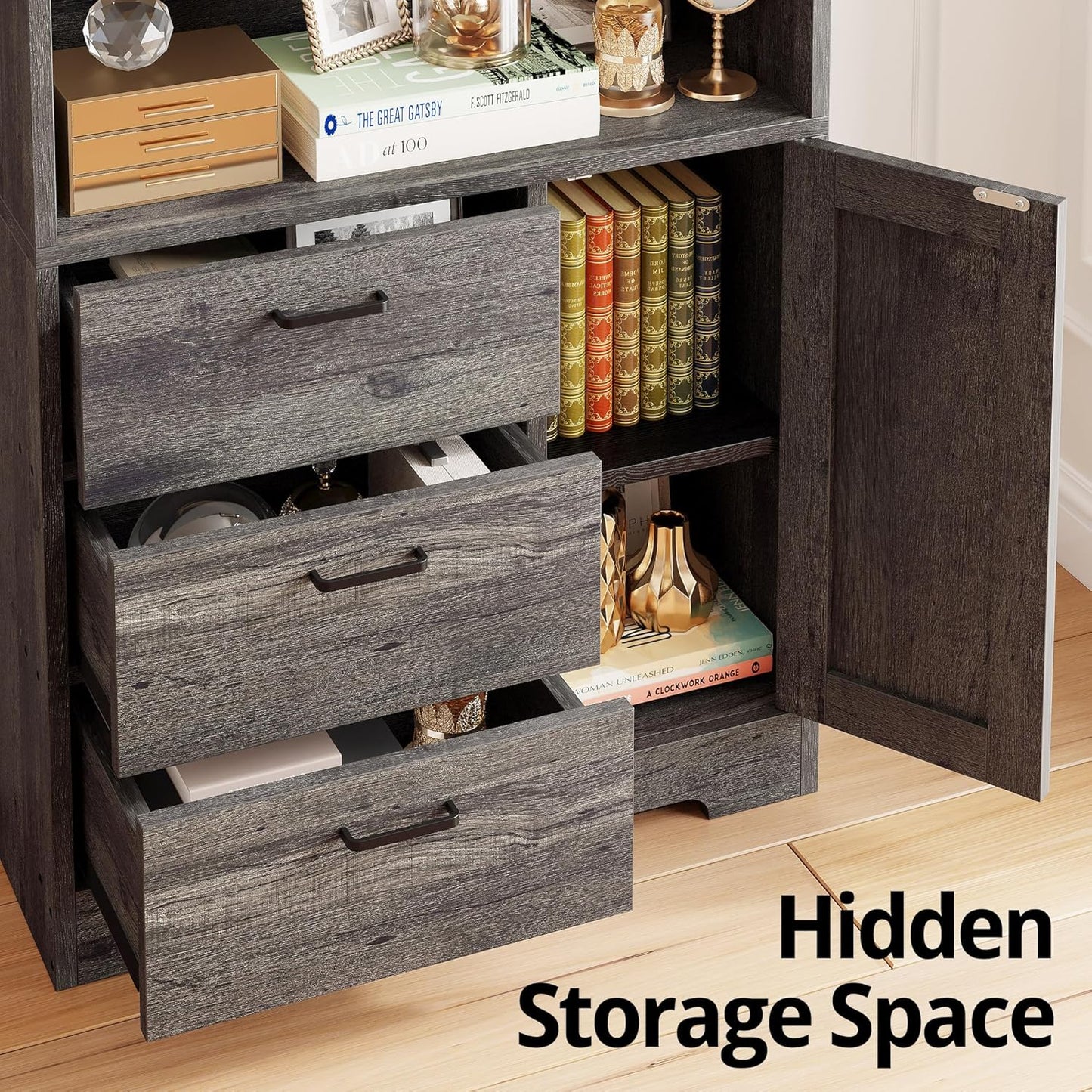 IRONCK Bookshelf with Door and 3 Drawers, 71in Tall Bookcase Shelf with 3-Tier Shelves, for Bedroom Living Room Entrance Hallway Home Office