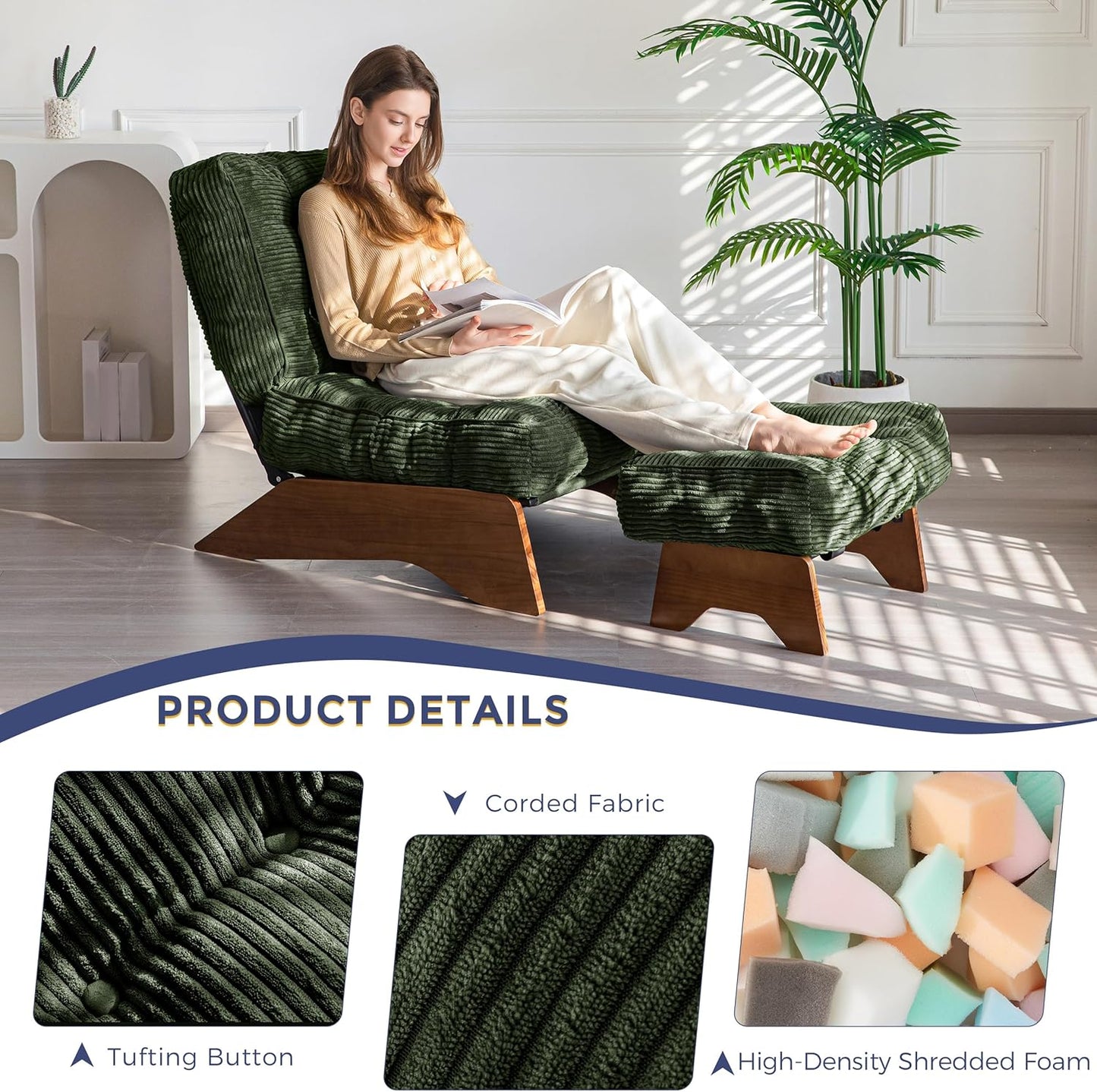 MAXYOYO Accent Chair with Ottoman Adjustable Backrest, Tufted Living Room Chair Upholstered Lounge Chair with Footrest Set, Modern Chair Cozy Reclining Chair for Reading Room, Green