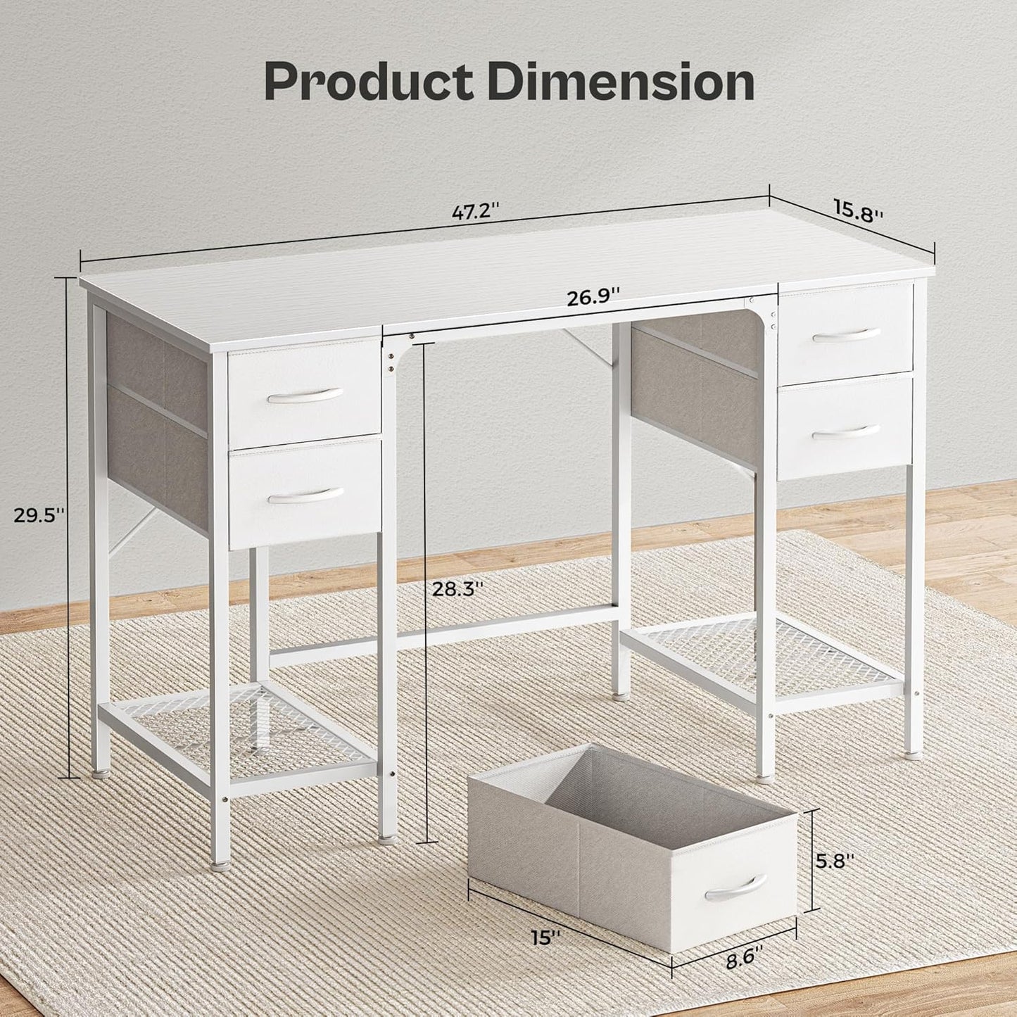 Huuger 47 Inch White Desk with 4 Drawers, Vanity Desk with Mesh Shelf, Study Table with Large Storage, Computer Desk for Home Office, Bedroom, Work from Home
