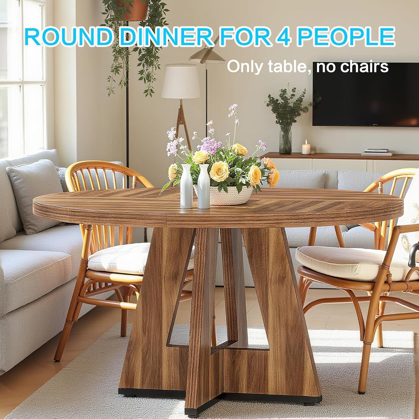 47" Round Dining Table for 4-6, Modern Dinner Table Farmhouse Round Small Kitchen Tables with Wooden Cross Base for Dining Room, Kitchen, Living Room, Vintage Brown