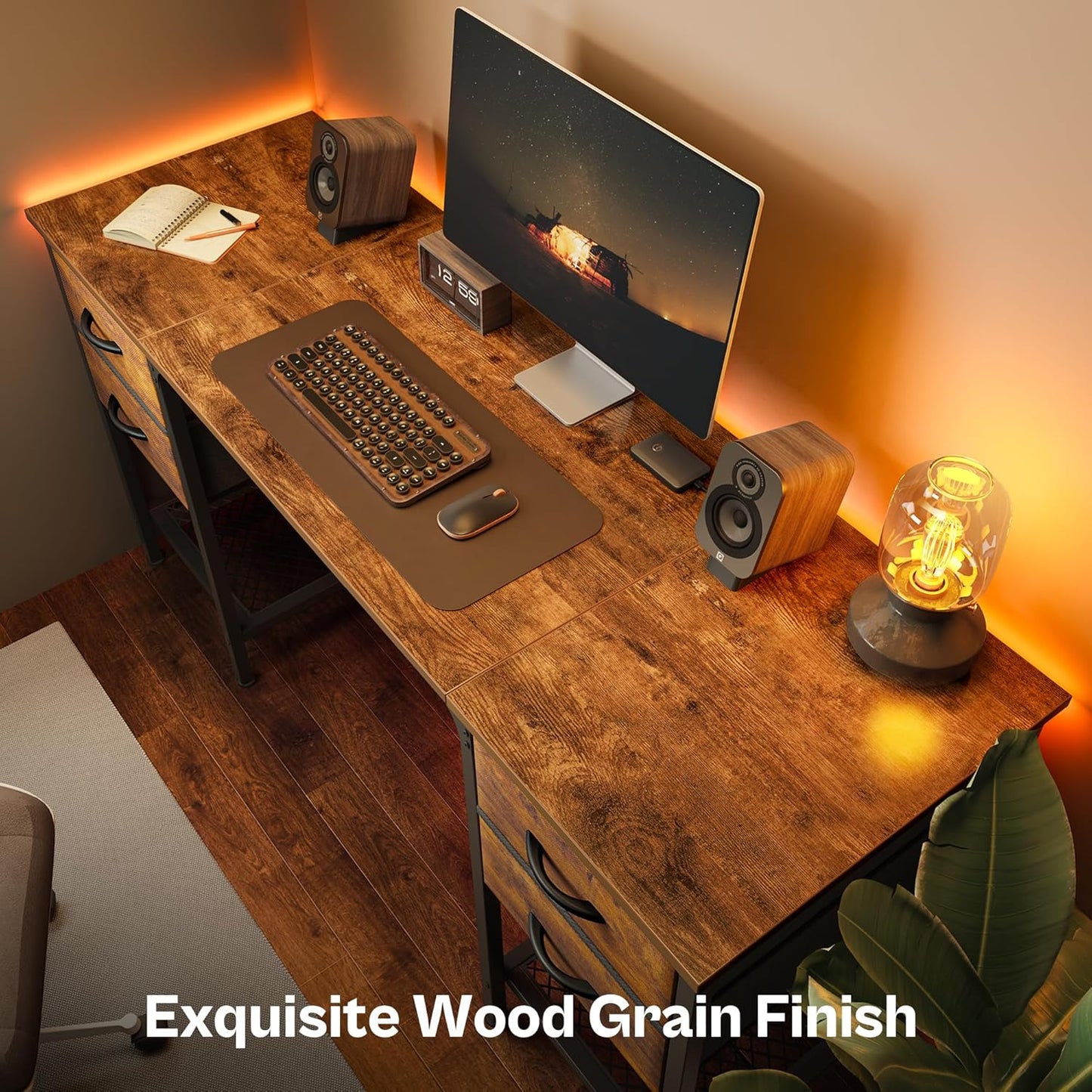 Huuger 55 Inch Computer Desk with 4 Drawers, Office Desk with Mesh Shelf, Gaming Desk, Large Storage, Writing Desk Work Desk for Home Office, Study, Bedroom, Work from Home, Rustic Brown