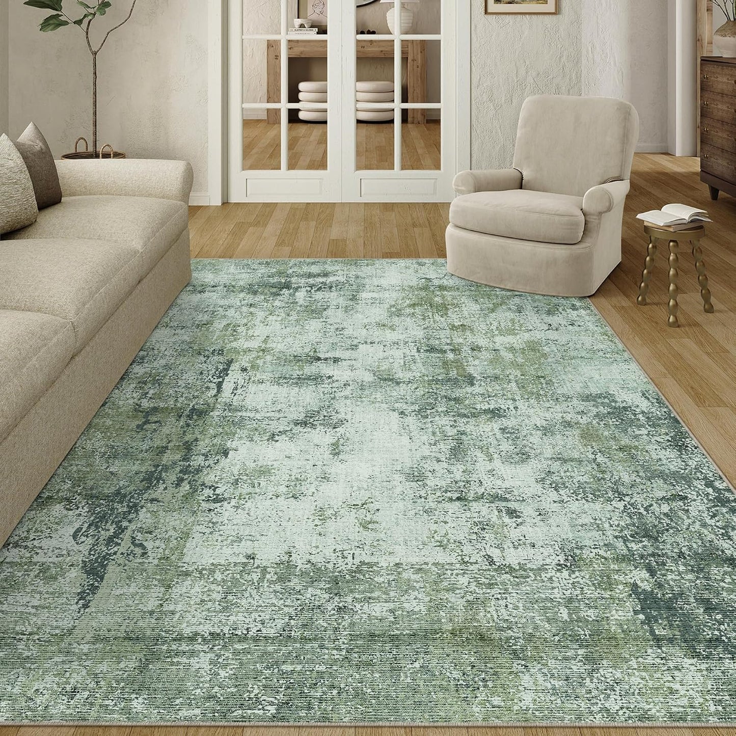 6x9 Washable Area Rug Dark Green Modern Neutral Abstract Living Room Bedroom Indoor Floor Carpet Low Pile Soft Non-Slip Lightweight Vacuumable Throw Rug for Nursery Dining Room Office