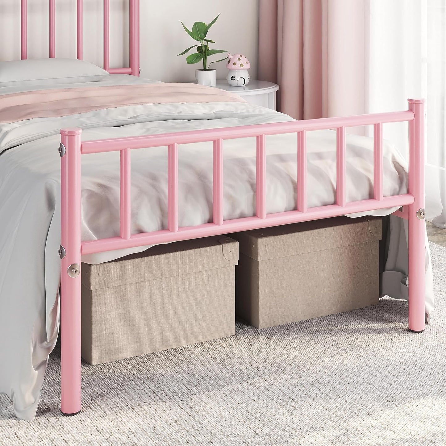 Yaheetech Twin Size Bed Frame Metal Platform Bed Frame Mattress Foundation with Spindle Headboard & Footboard/No Box Spring Needed/14 Inch Underbed Storage/Firm Support & Easy Set up Structure, Pink