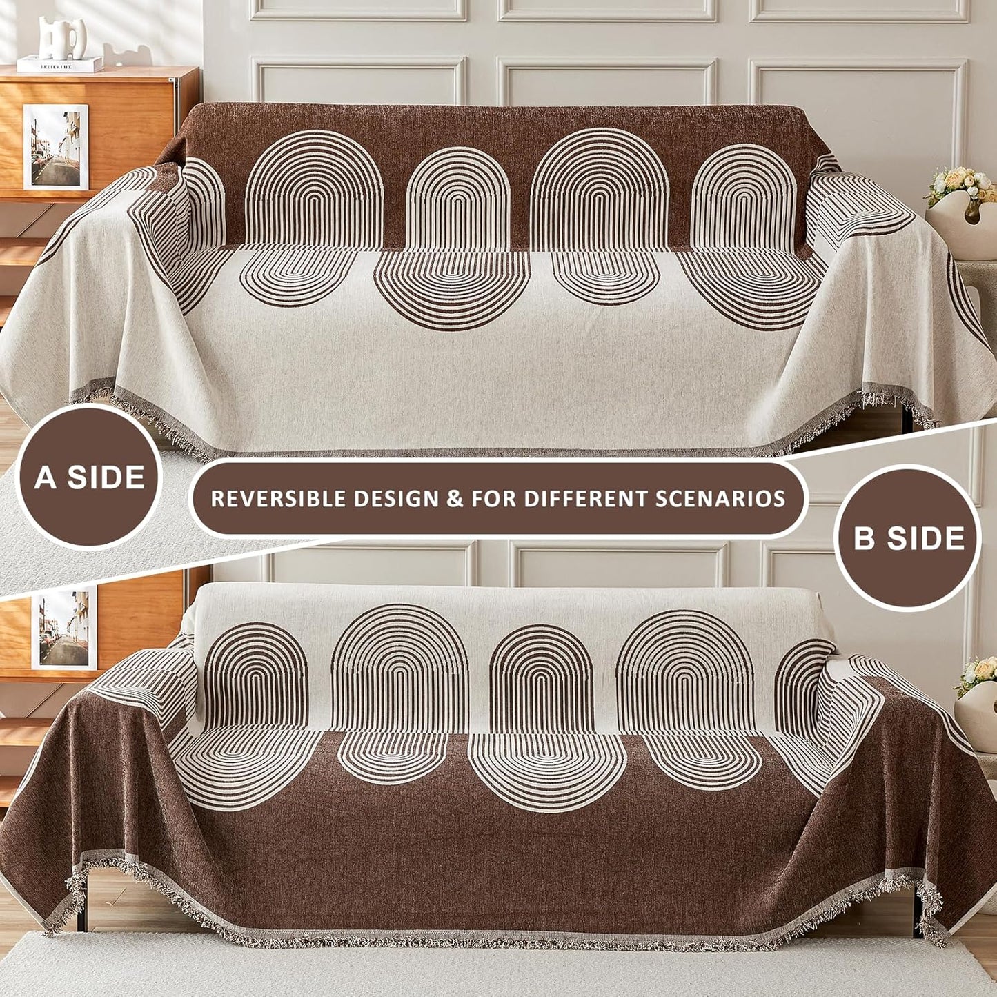 STACYPIK Boho Chenille Couch Cover for Pets, Khaki Striped Sofa Cover for 2 Cushion Couch, Non Slip Furniture Protector, Tassels Geometric L Shaped Couch Cover for Dogs Cat Loveseat Slipcover-71x118IN