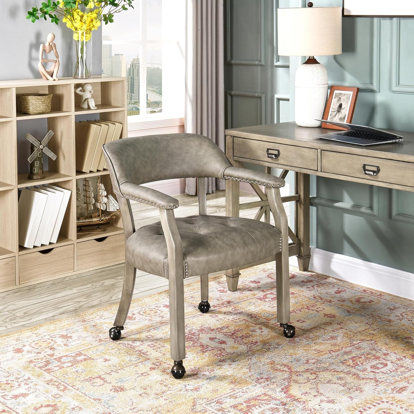 LEEMTORIG Large Dining Chairs with Casters and Arms, Rolling Dining Chairs with Wheels, Solid Wood Boss Caption's Chairs Office Desk Chairs, 26" D x25.2 W x 31.5" H, Soft Light Grey PU SY-1318-UA