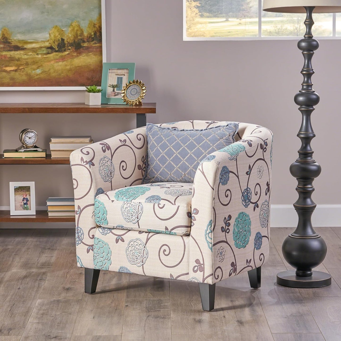 Ball & Cast Upholstered Arm Chair,Classic American Style Flower Design Fabric Dining Chair,Comfy Farmhouse Accent Chair with Padded Seat and Backrest for Living Room Kitchen,White+Blue