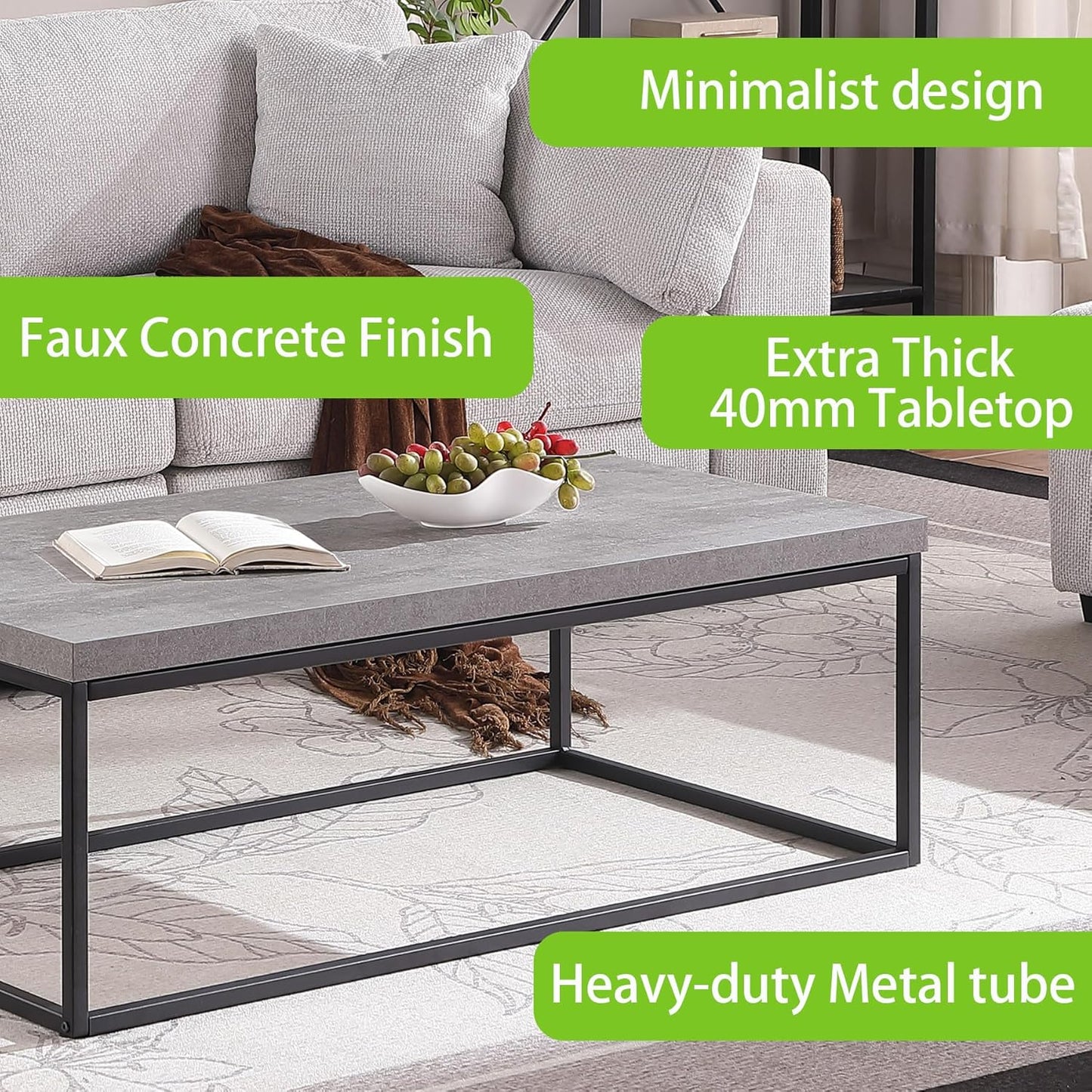 CENSI 47-Inch Grey Marble Accent Coffee Table/Center Table for Living Room, Rectangle Modern Industrial Style,Wood and Metal, Max.Loading 220 lbs. (Faux Concrete)