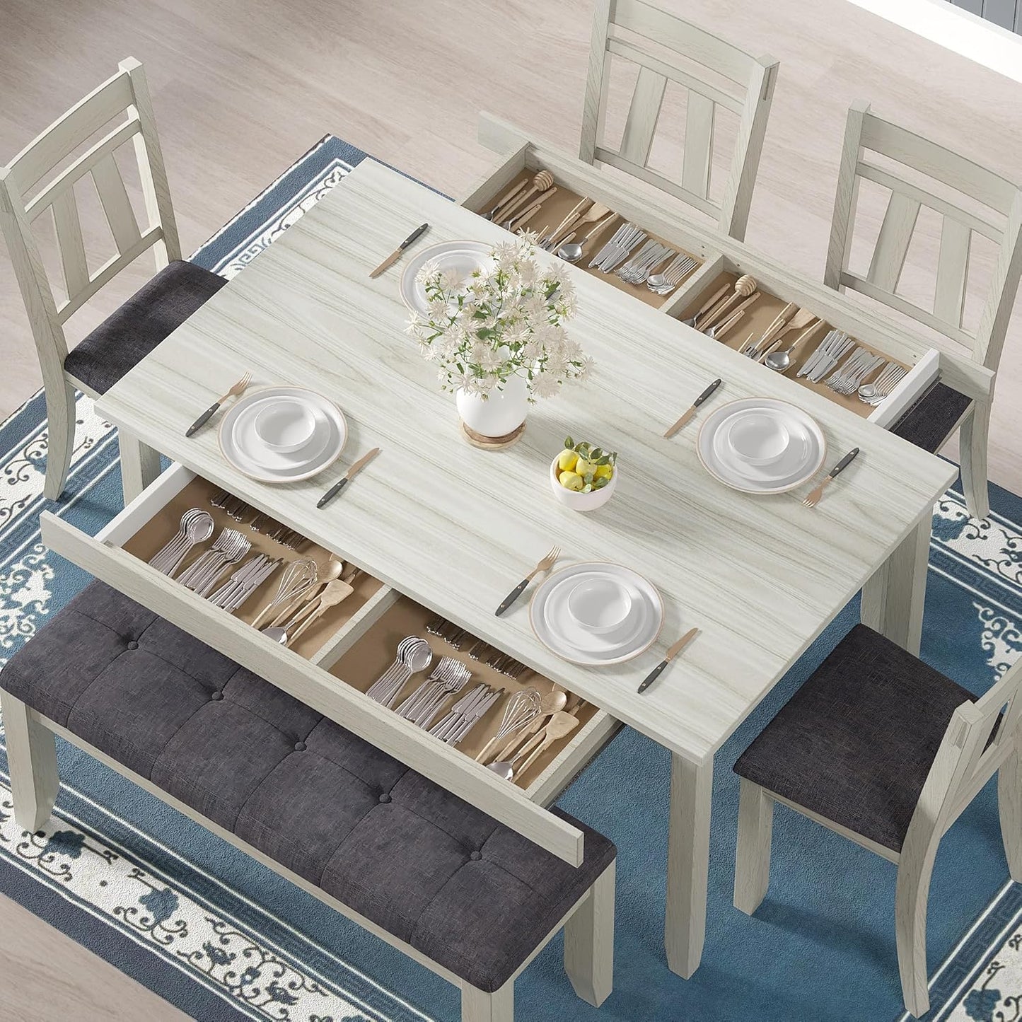 6-Piece Solid Wood Dining Table Set for 6, Modern Breakfast Dinette Kitchen Table with Bench & Chairs for Dining Room, Kitchen, Grey