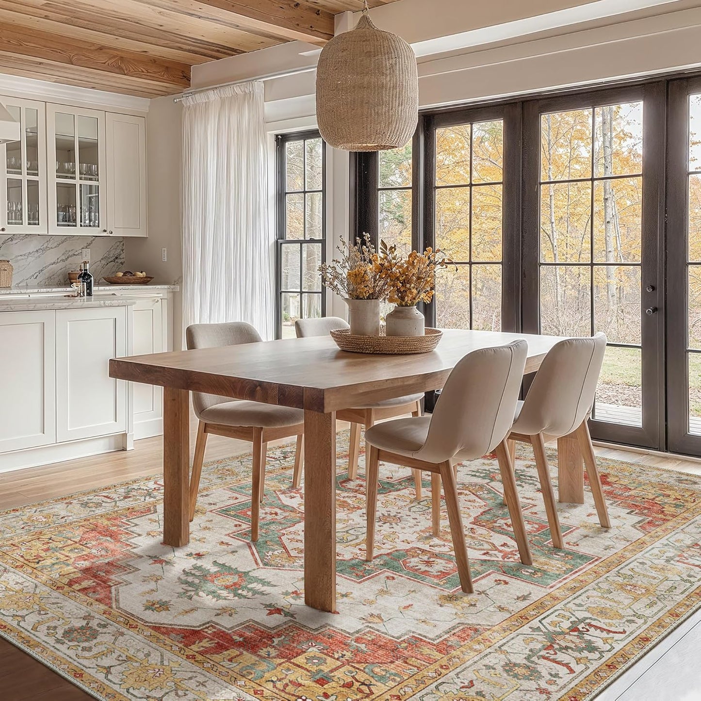 8X10 Area Rugs Machine Washable Rugs for Living Room, Vintage Boho Large Rugs for Bedroom Dining Room, Non Slip Indoor Soft Distressed Lightweight Thin Low Pile Carpet, Yellow Slate Green