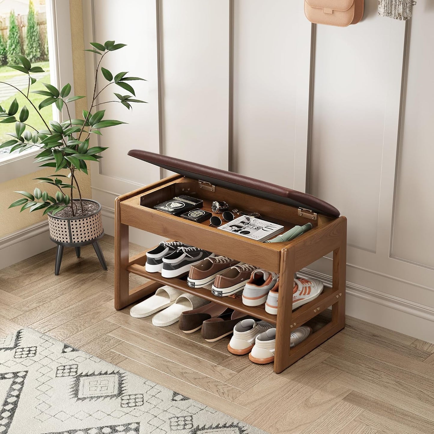 Shoe Rack Bench Seat Rubberwood 2-Tier Wooden Storage Bench 550lbs Compact Mid-Century Modern Design for Entryway, Hallway, Closet, Front Door Entrance, Foyer