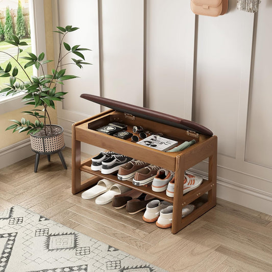 Shoe Rack Bench Seat Rubberwood 2-Tier Wooden Storage Bench 550lbs Compact Mid-Century Modern Design for Entryway, Hallway, Closet, Front Door Entrance, Foyer