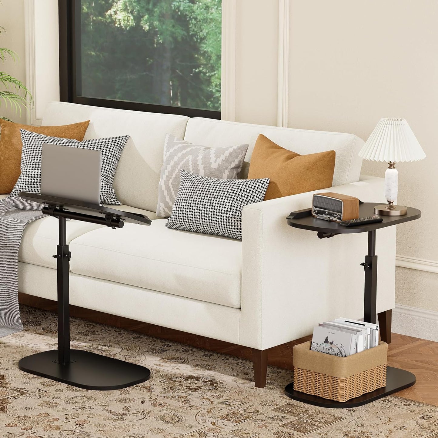 C Shaped End Side Table with Anti-Drop Rod, Adjustable Height & 360° Swivel Snack Table for Couch, Sofa, Bedroom, Living Room, TV Tray Table for Eating, Dinner or Laptop, Small Spaces, Black