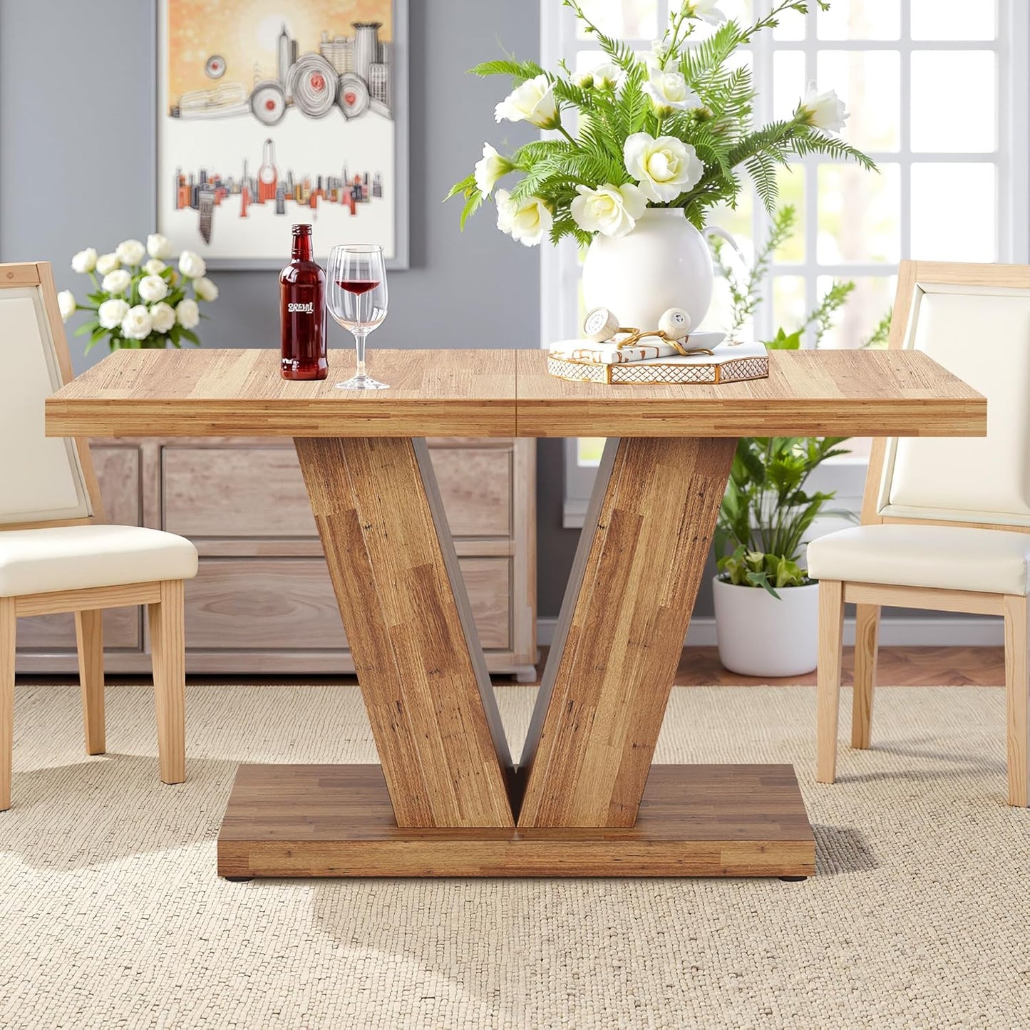 NicBex 47" Dining Table for 4 People, Farmhouse Dinner Table Small Dining Room Tables Rectangular Wooden Kitchen Tables with Heavy Duty Pedestal for Kitchen, Living Room, Black & Brown