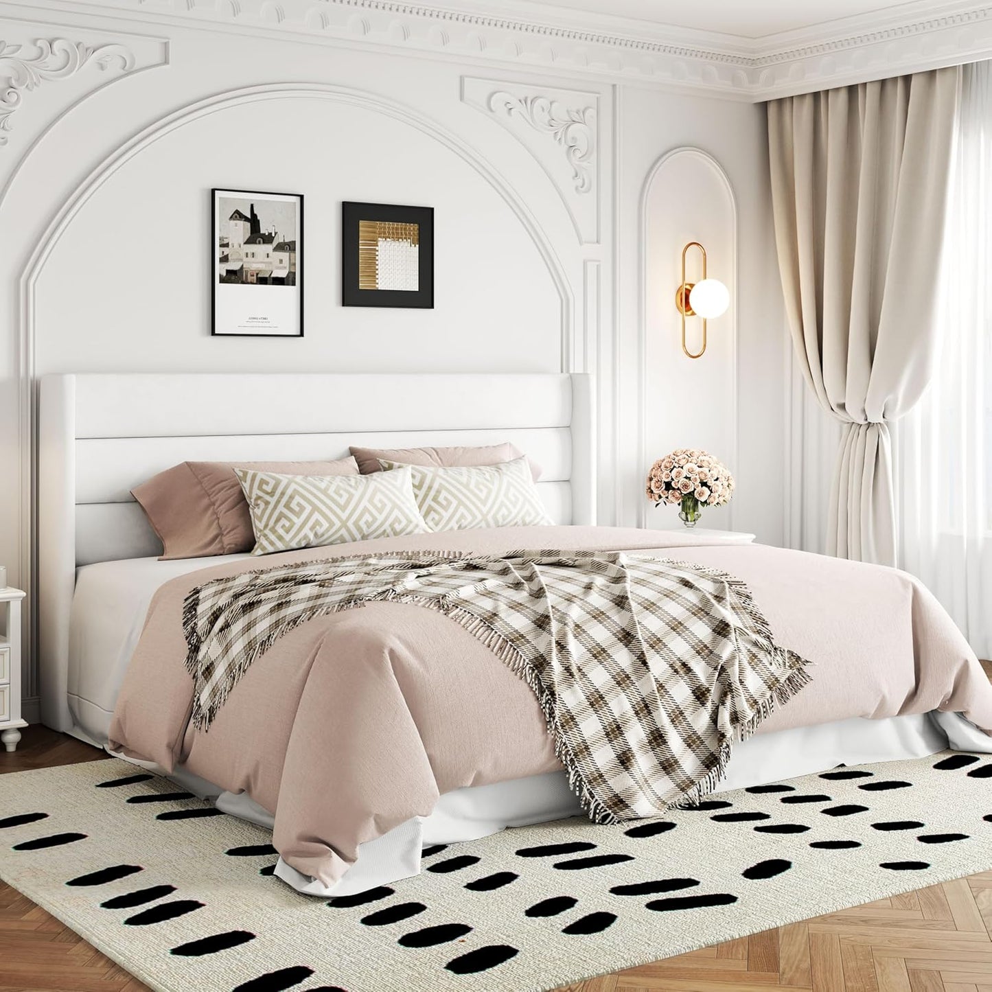 Allewie King Size Velvet Lift Up Storage Bed, Modern Wingback Headboard, Hydraulic Support, No Box Spring Needed, White