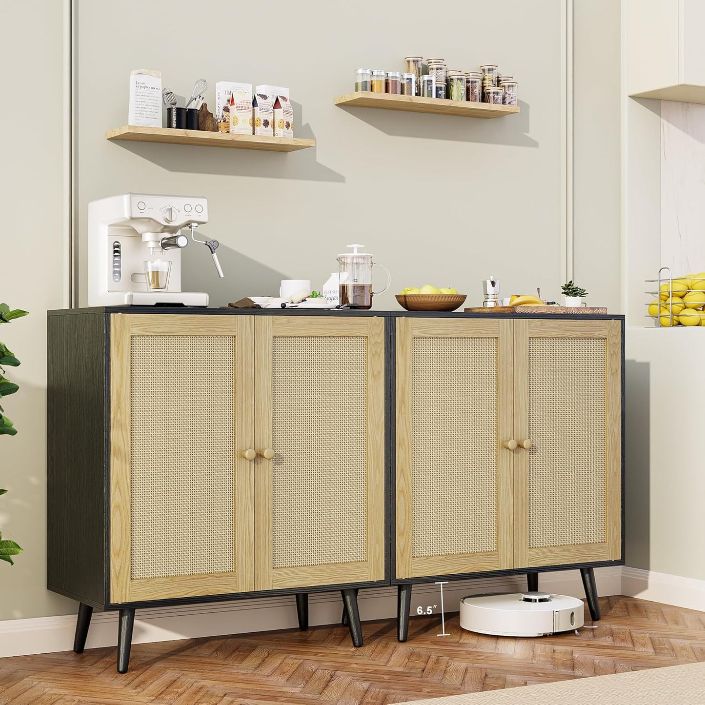 Rattan Sideboard Buffet, Accent Cabinet Cupboard Console Small Cabinet with Doors and Adjustable Shelve for Kitchen & Entryway Storage, Black