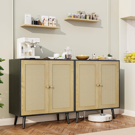 Set of 2 Rattan Sideboard Buffet Cabinets, Accent Cabinets with Adjustable Shelves & Rattan Doors, Ideal for Kitchen & Entryway Storage, Black