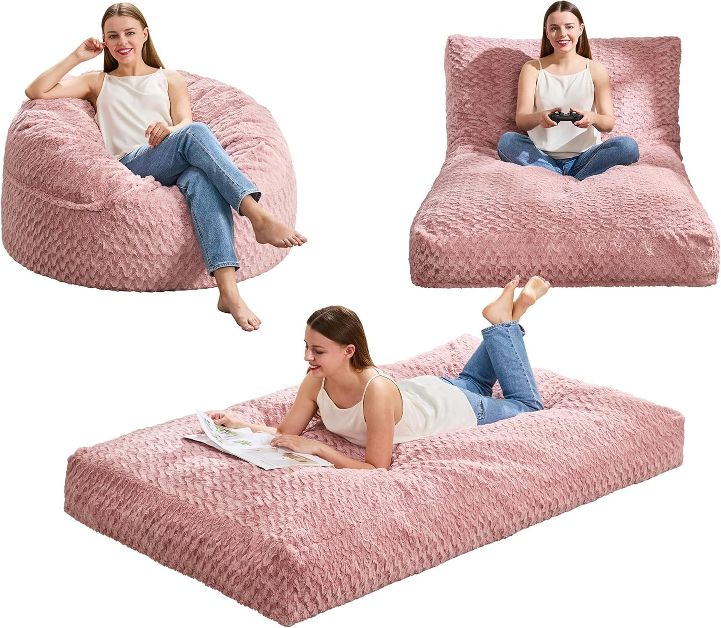 Hobestluk Bean Bag Chair Convertible Beanbag Chairs for Adults, 3 in 1 Bean Bags with Plush Chevron Cover, Adult Bean Bag Chair for Living Room, Bedroom (Pink, Twin)