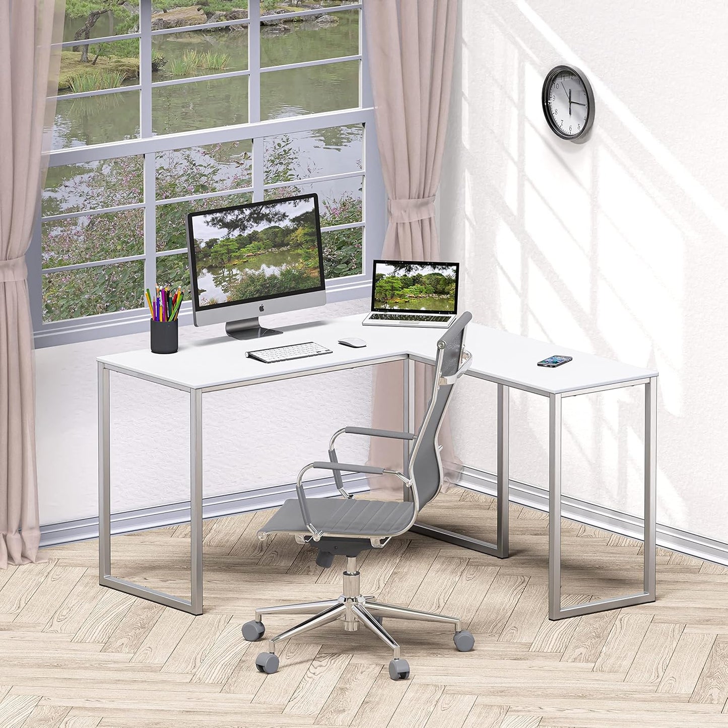 SHW Mission 48 x 48 Inches L-Shape Home Office Computer Desk, White