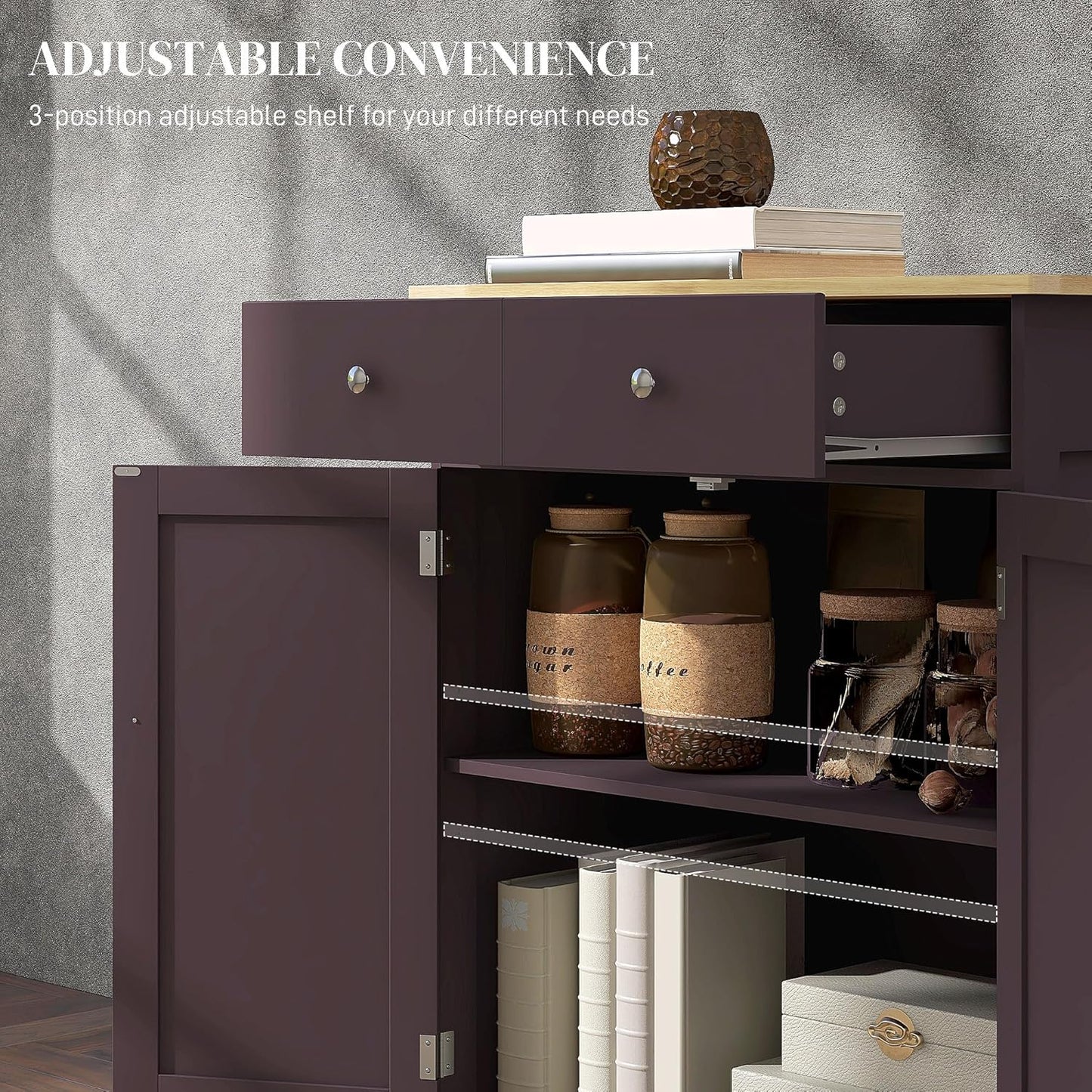 HOMCOM Sideboard with Solid Wood Countertop, Modern Kitchen Storage Cabinet, Coffee Bar Cabinet with 2 Drawers, Doors and Adjustable Shelf, Coffee