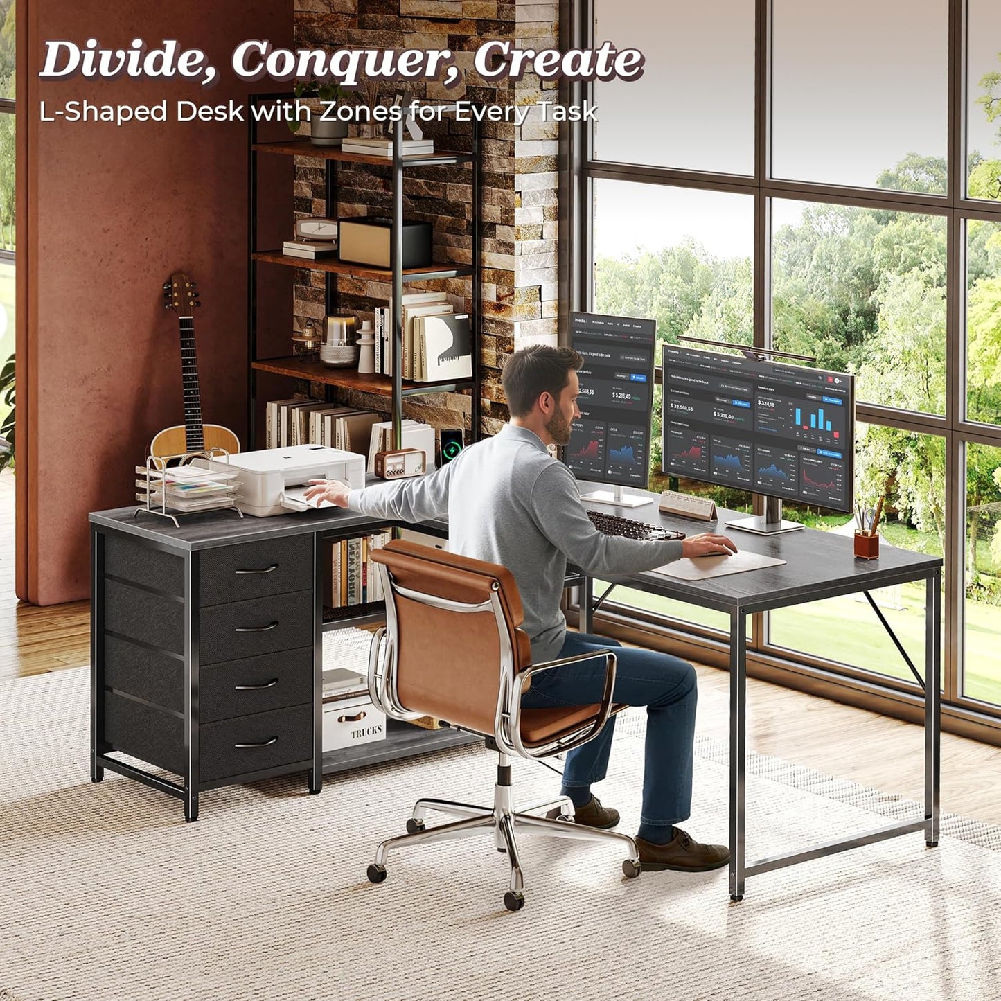 PRAISUN 53" L Shaped Desk with Power Outlets and USB-C Port, Reversible Computer Corner Office Desk with 4 Fabric Drawers and 2 Height-Adjustable Shelves, Large for Gaming Writing Work Study, Grey