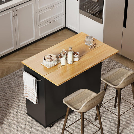 Shintenchi Rolling Kitchen Island Cart with Folding Drop Leaf Breakfast Bar, Portable Trolley Island with Large Storage Cabinet, Shelf and Drawer, Black