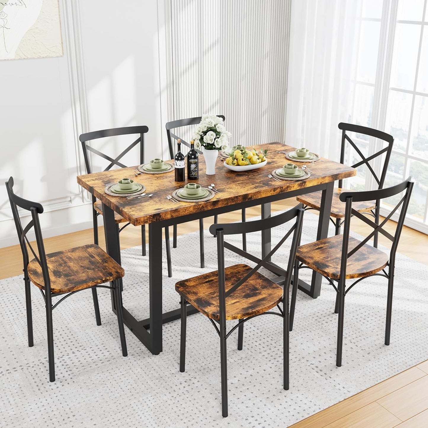 Ball & Cast 7 Pieces Dining Table Set,Kitchen Table and Chairs for 6 with 52" Table and 6 Chairs,Desk with Foot Pads,for Small Space,Apartment,Dining Room,Brown