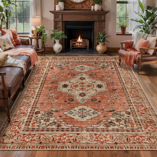 Boho Rug 4x6 Area Rug, Washable Vintage Indoor, Oriental Non Slip Distressed Terracotta Carpet, Machine Washable Rug, Soft Low Pile Rugs Foldable Floor for Dining Room Bedroom Living Room