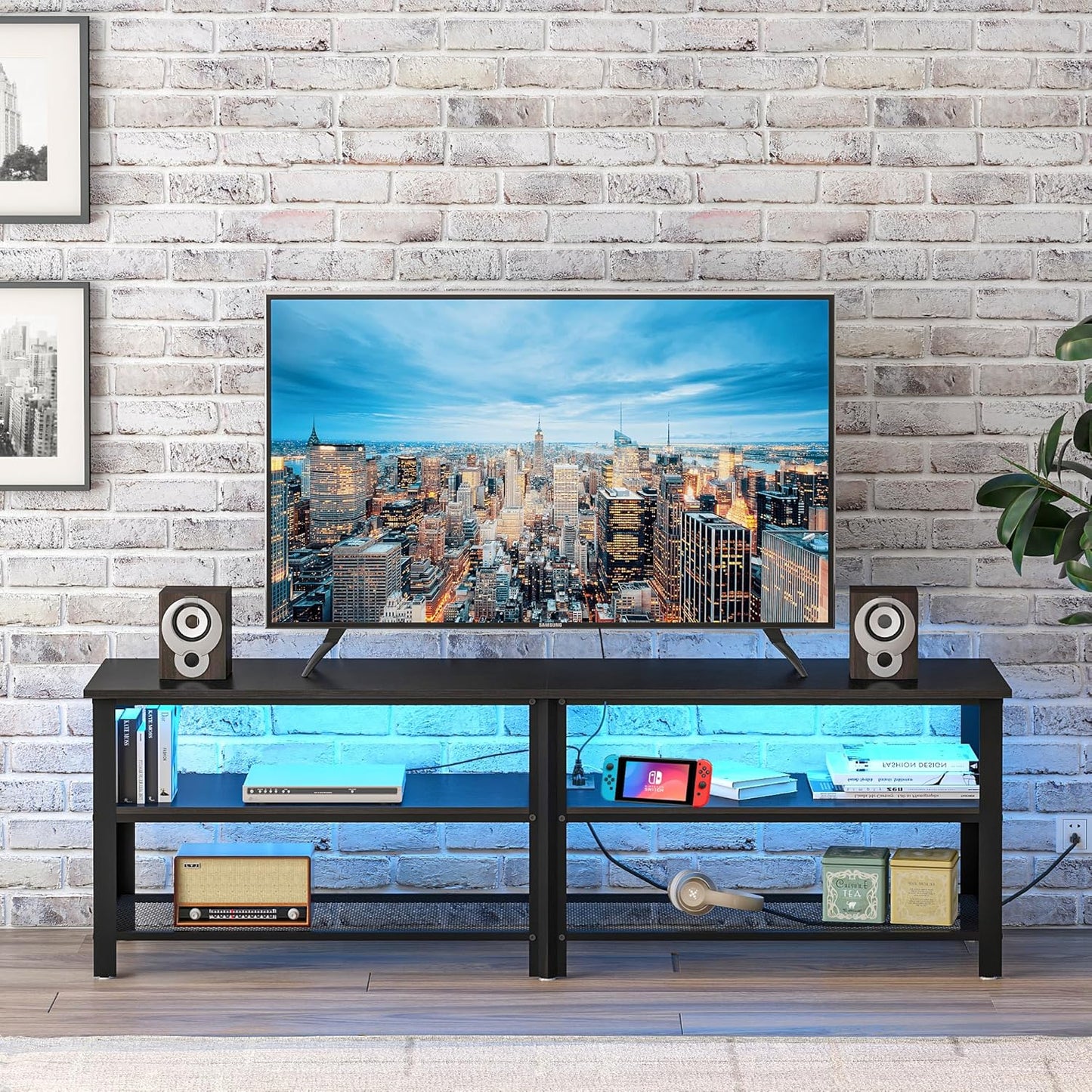 Clikuutory Modern Black 63 inch Metal TV Stand with LED Lights and Power Outlets for 40 50 55 60 65 70 Inch TVs, 3 Tier Television Stands with Entertainment Center and Storage for Living Room, Bedroom
