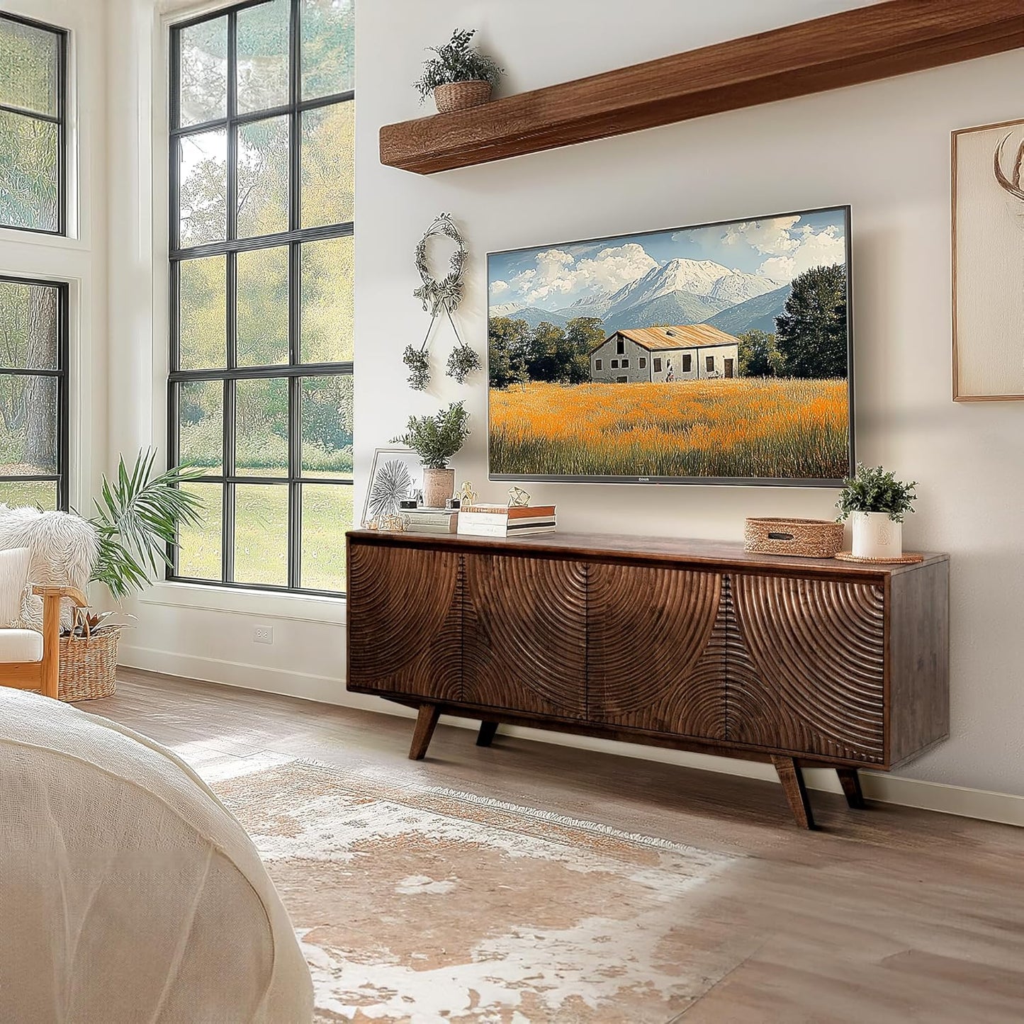 Acacia Harmony TV Stand for TVs up to 75+ Inch Entertainment Center with Storage Shelves and Cable Management, Modern Farmhouse TV Media Console Table Wood TV Stands for Living Room Bedroom, Walnut