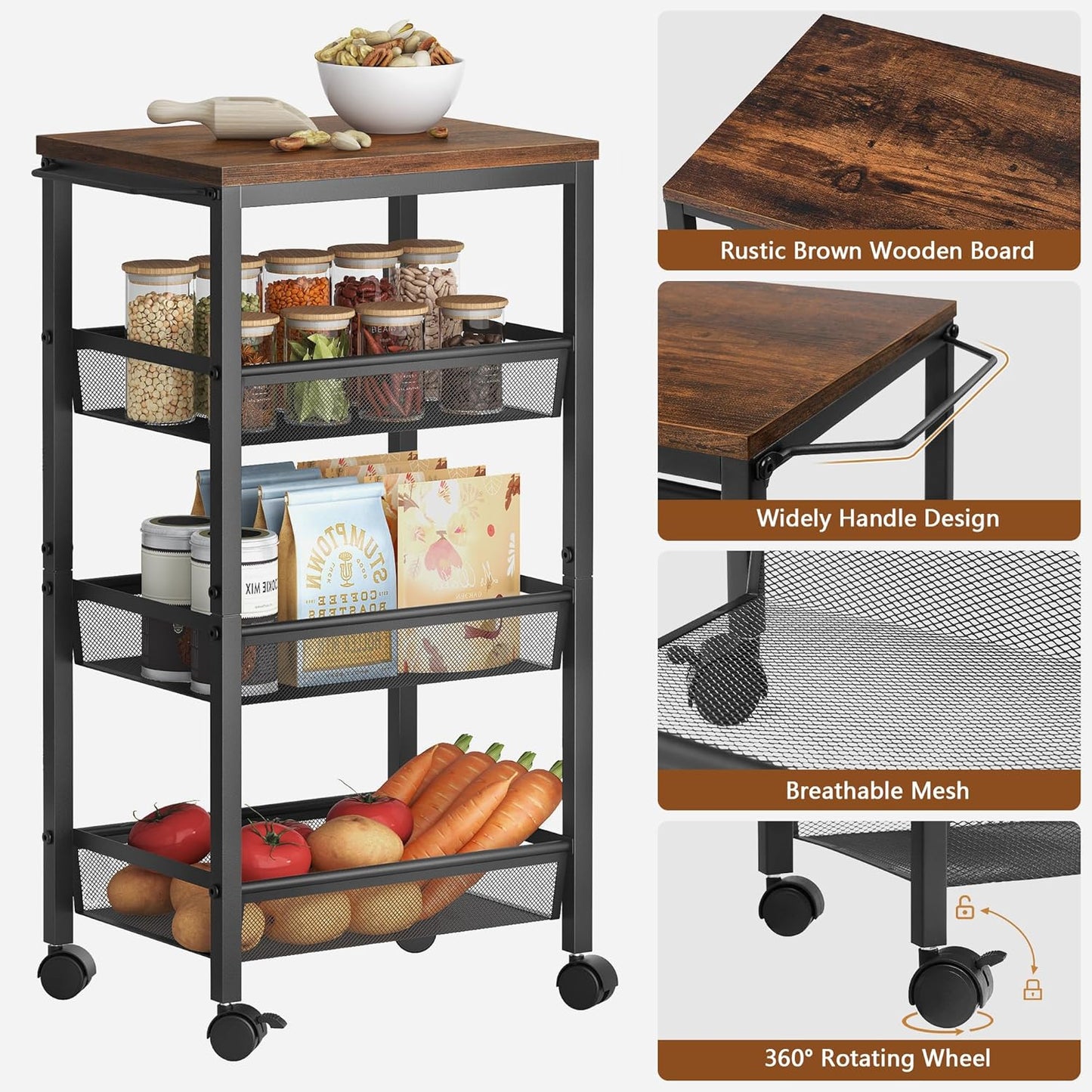 Hoctieon Rolling Storage Cart, 4-Tier Wide Panel Kitchen Storage Cart, Utility Carts with Handle & Wheels, Mobile Shelving Unit, Metal Frame Narrow Carts for Home Kitchen, Laundry, Rustic Brown