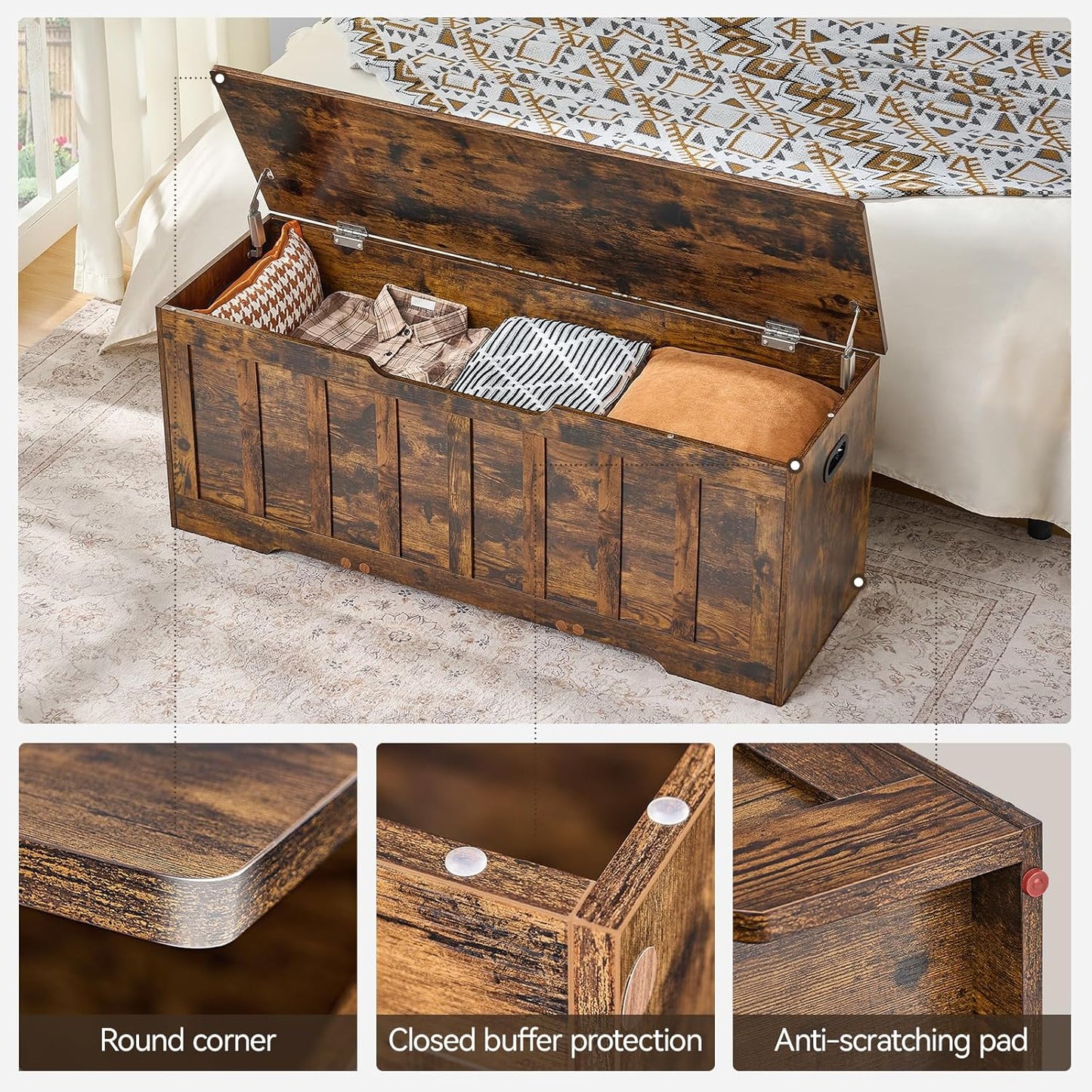 47.2"Storage chest extra large,storage trunk with 2 safety Hinges,Wooden storage bench,Shoe Bench,47.2x15.7x19.1 Inch,Easy Assembly,storage bench for bedroom,living room,entryway,Rustic brown